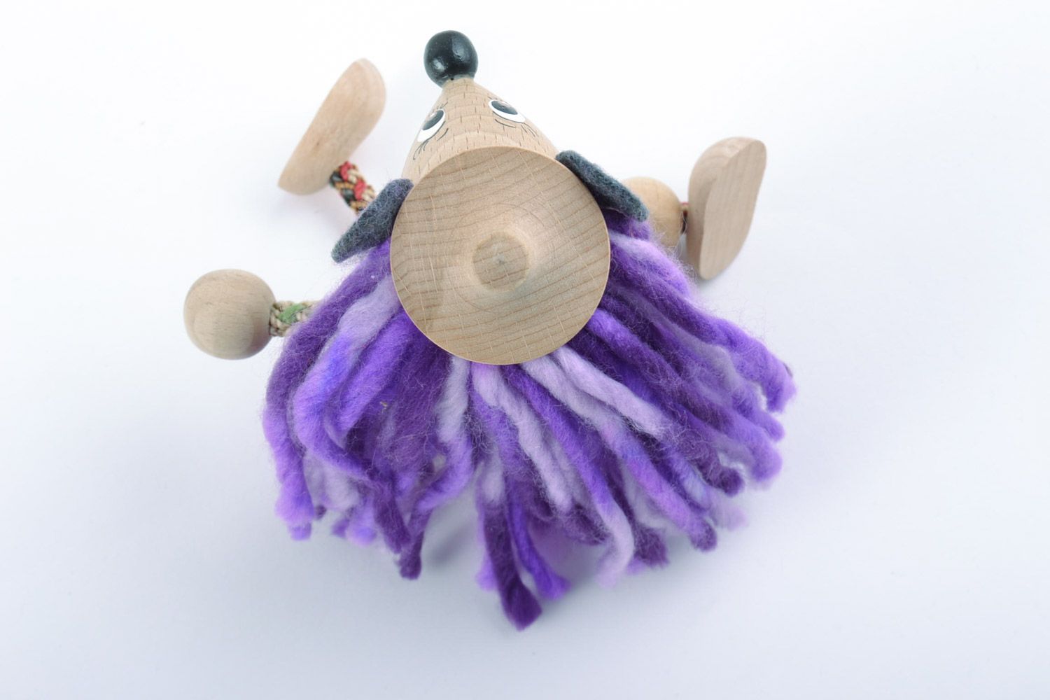 Handmade painted wooden eco toy mouse with violet hair for children and interior photo 4
