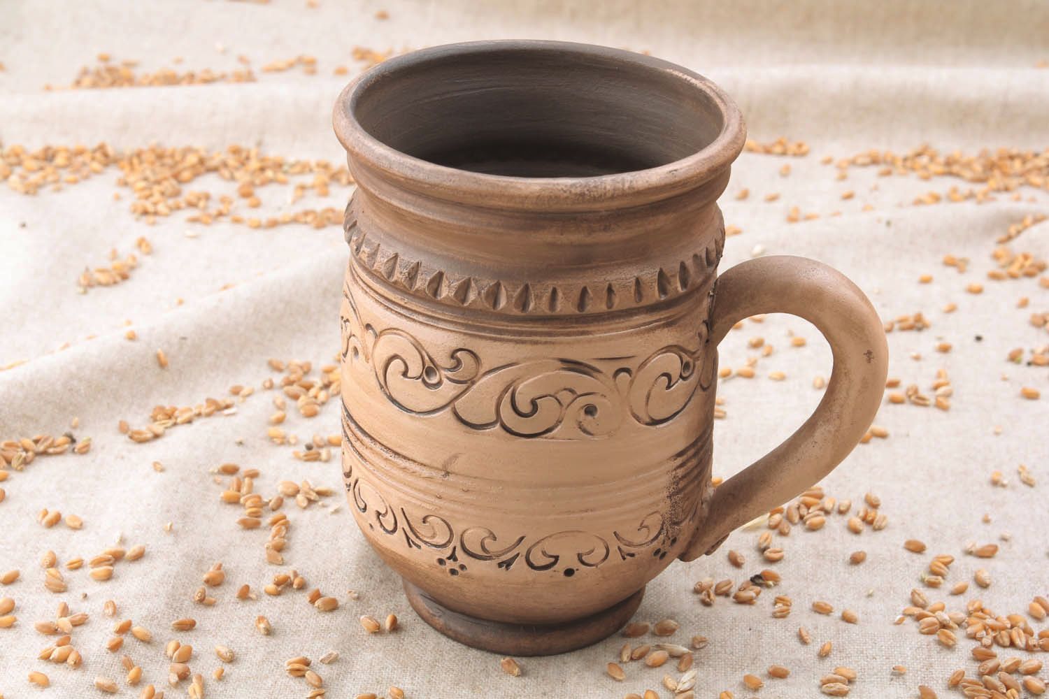 16 oz white tall clay ceramic coffee cup in rustic style with handle photo 1