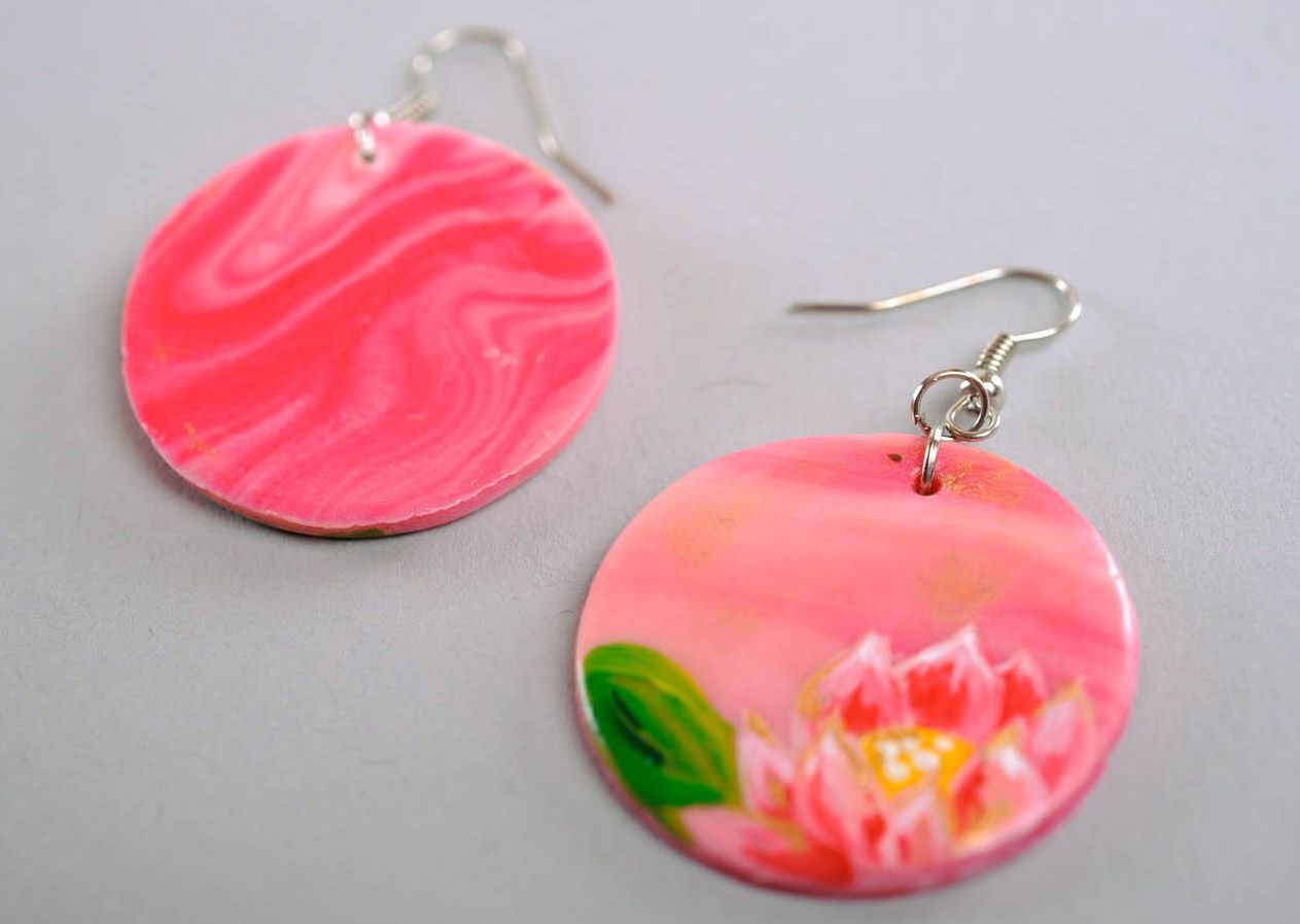 Earrings made of polymer clay Lotus photo 1