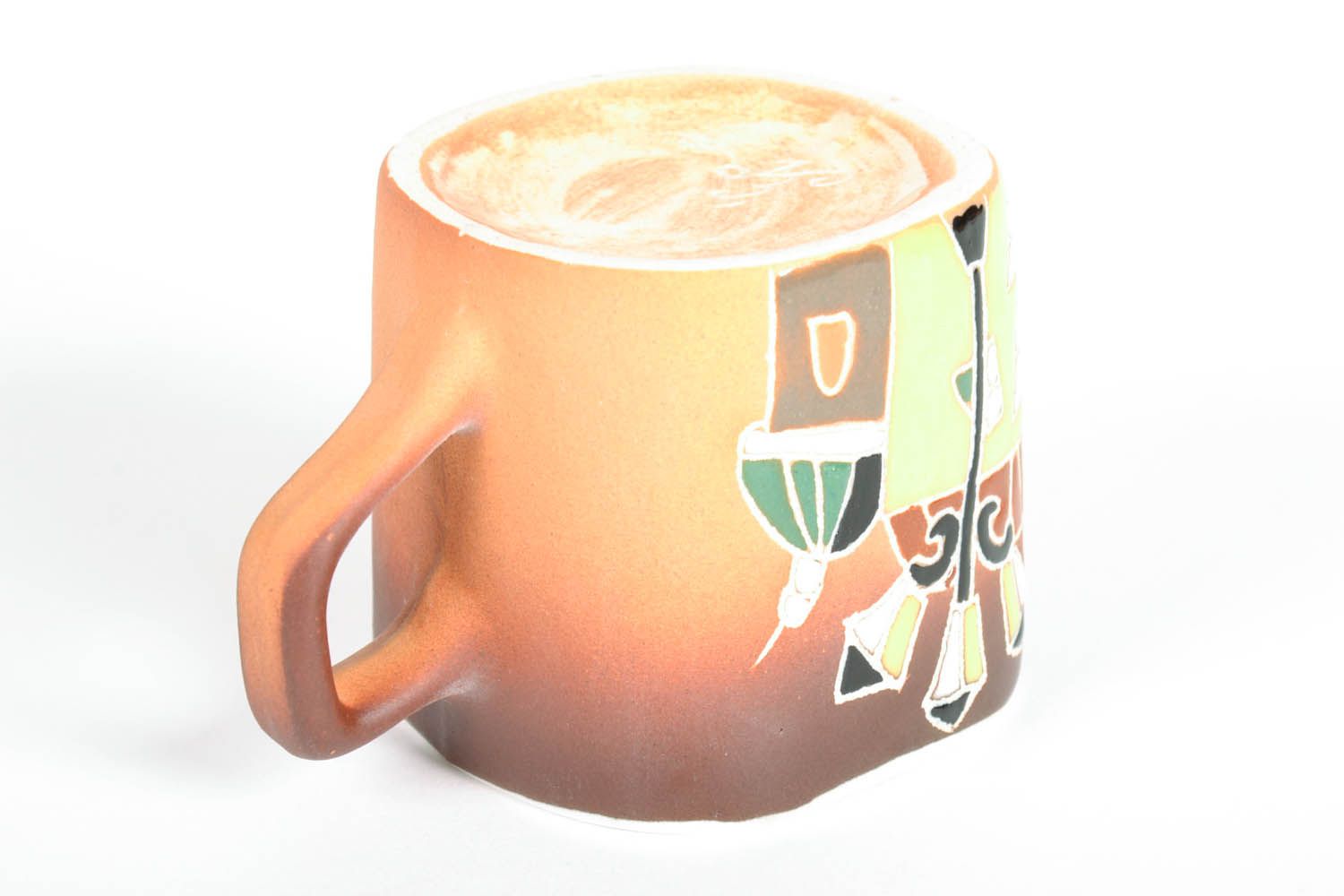 Handmade clay glazed coffee mug with little old city houses pattern photo 3