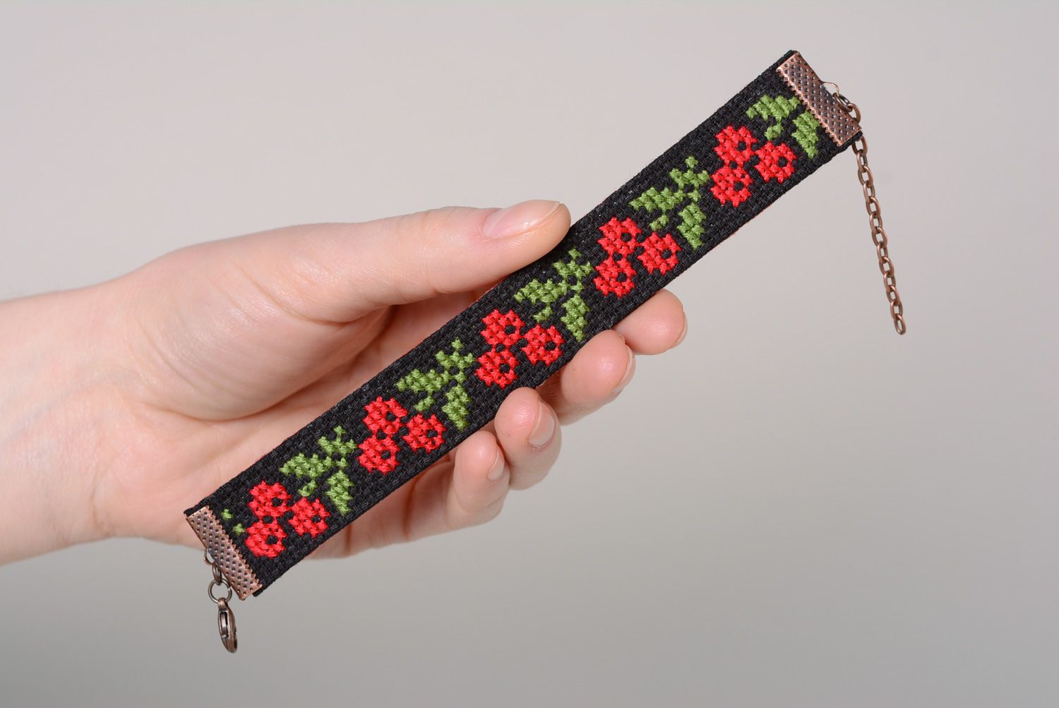 Handmade wrist bracelet with bright ethnic embroidery black background for women photo 4