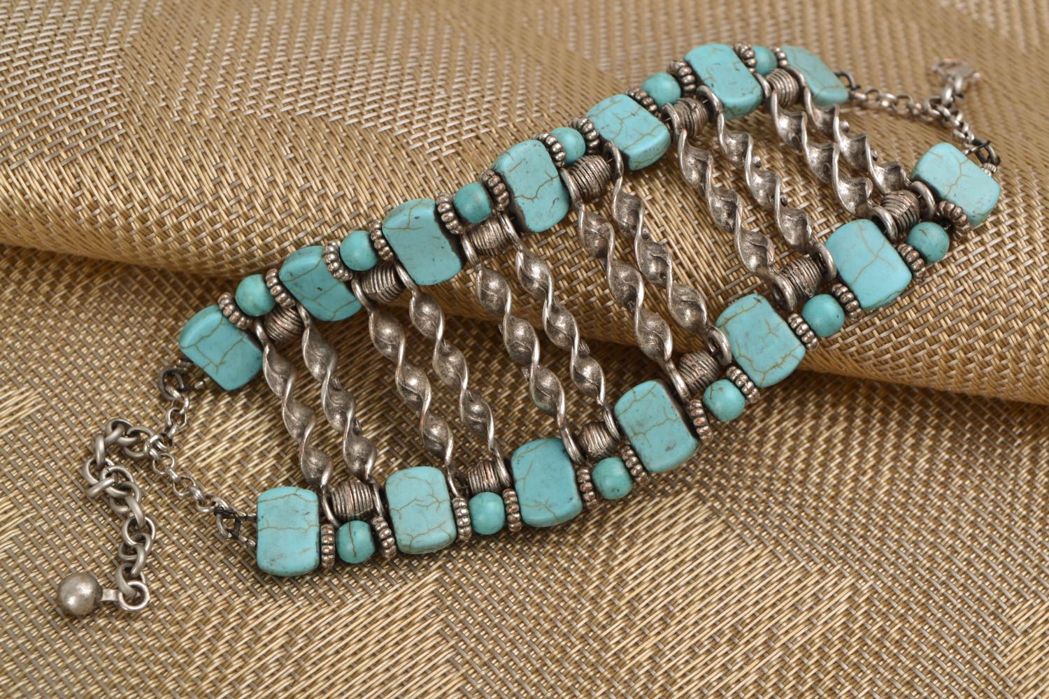Wide metal bracelet with turquoise photo 1