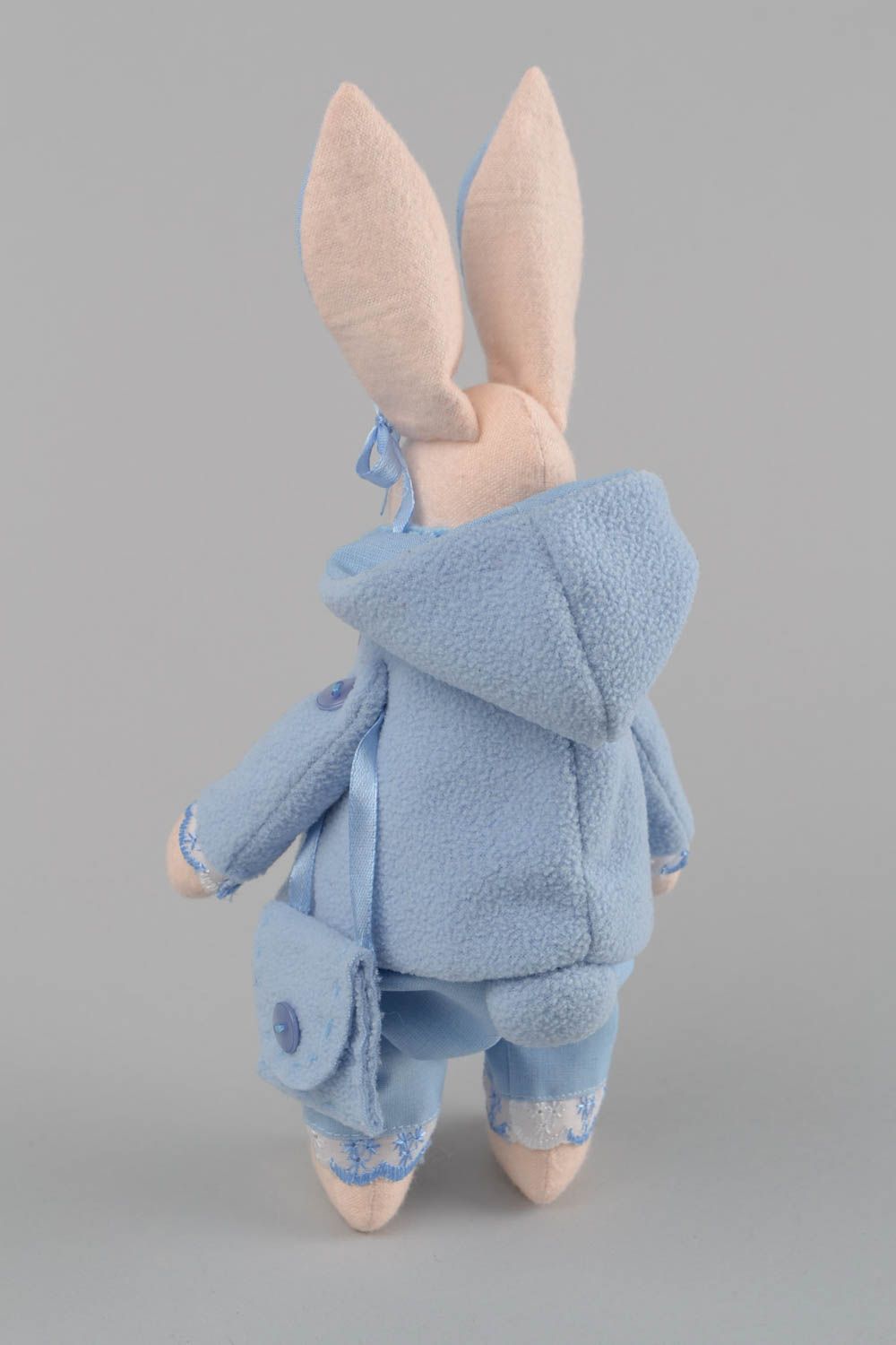Handmade designer soft toy beige rabbit in blue fleece coat for interior decor photo 5