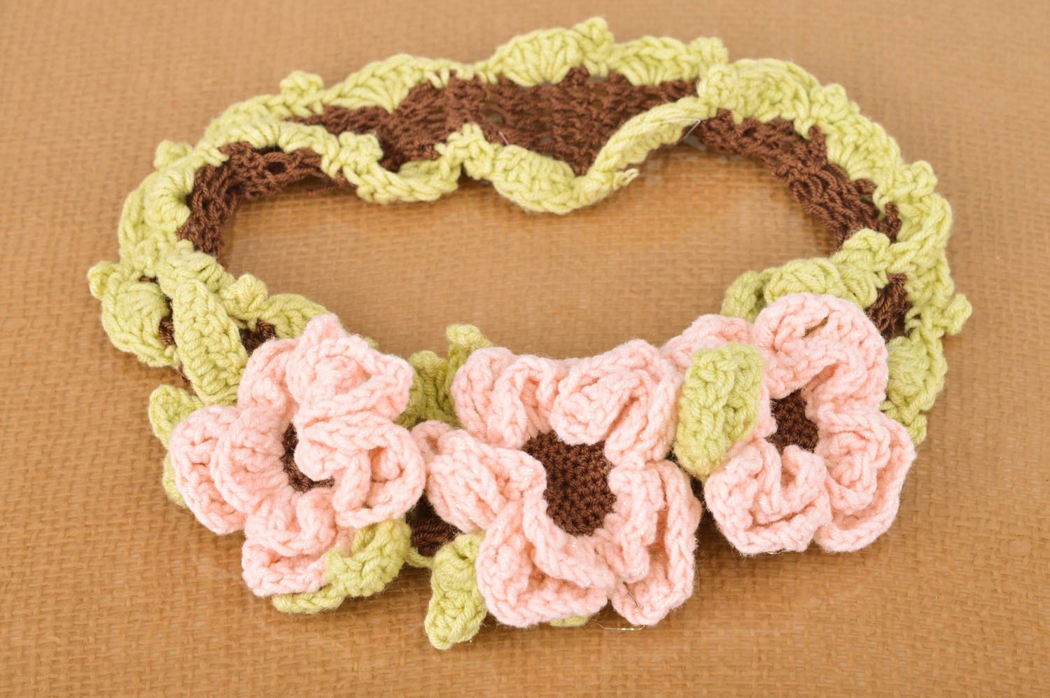 Delicate handmade head band crocheted beautiful female hair accessory with flowers photo 2