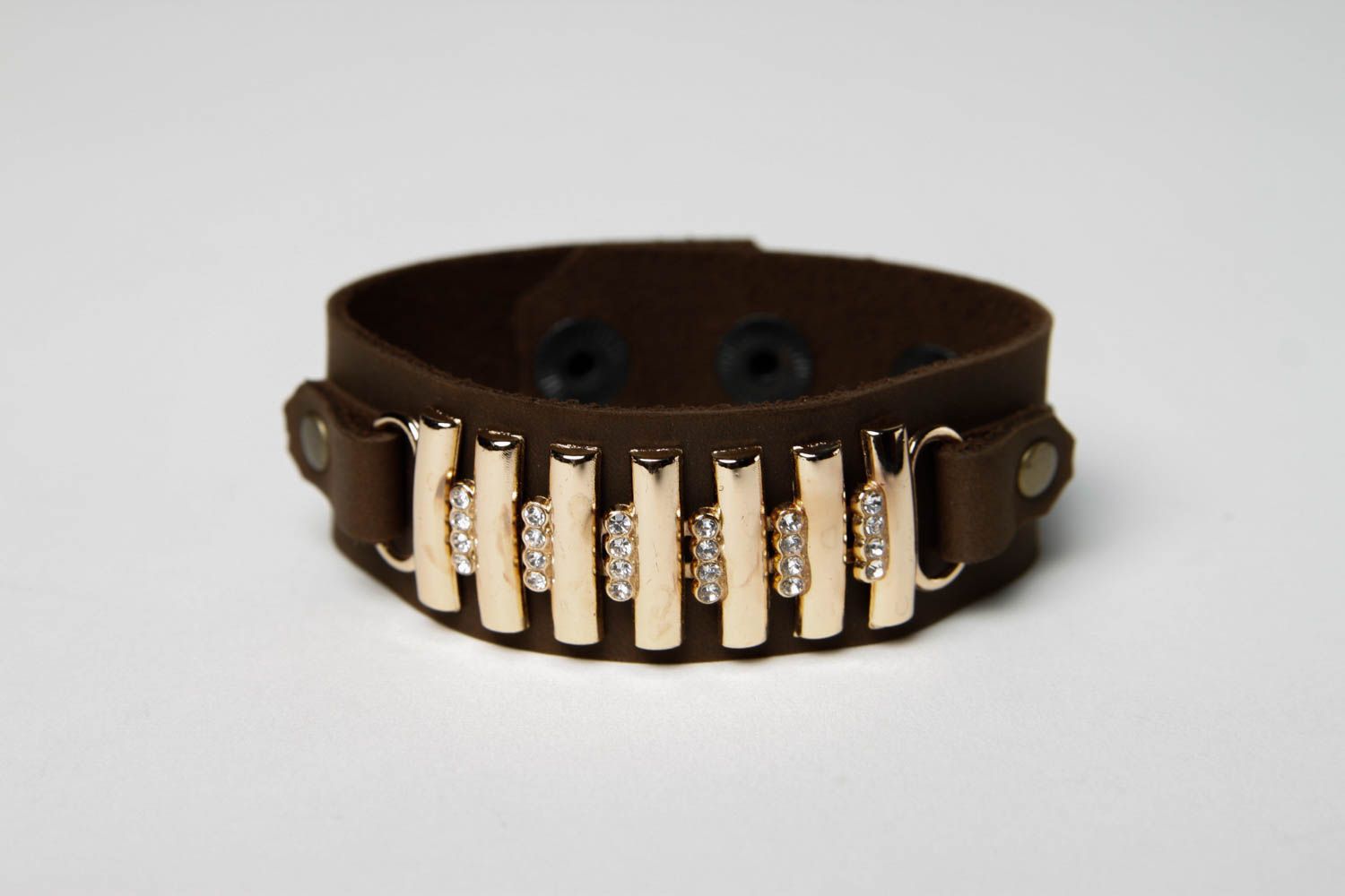 Bracelet en cuir Bijou fait main marron large métal Accessoire tendance photo 3