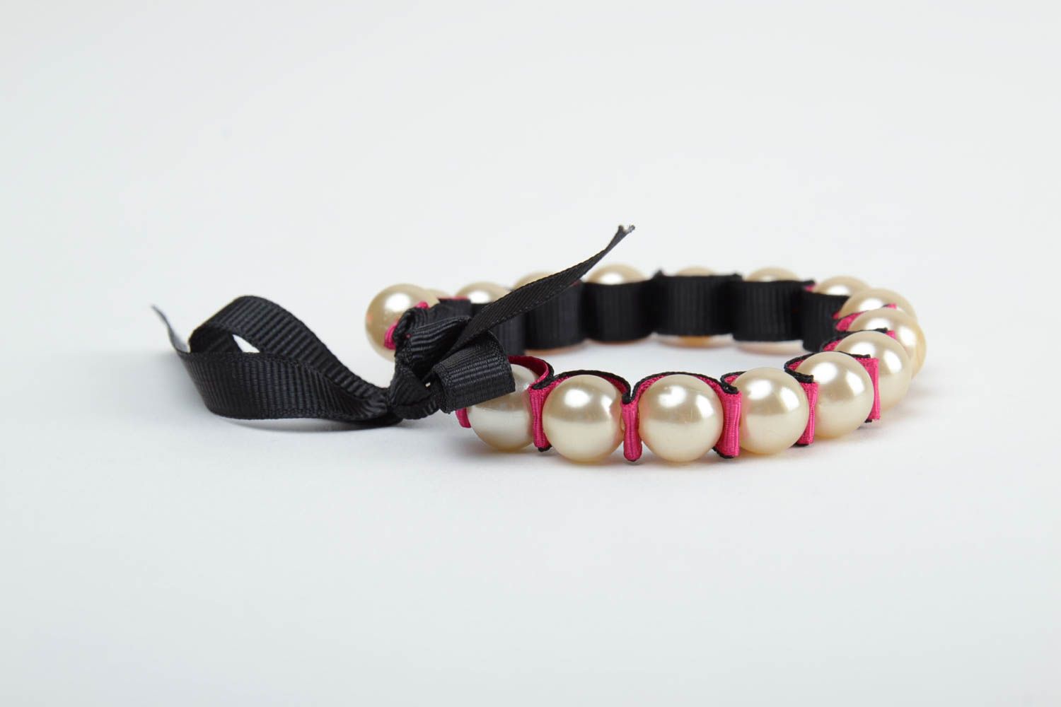Handmade stylish designer thin beaded black bracelet made of rep ribbon  photo 3
