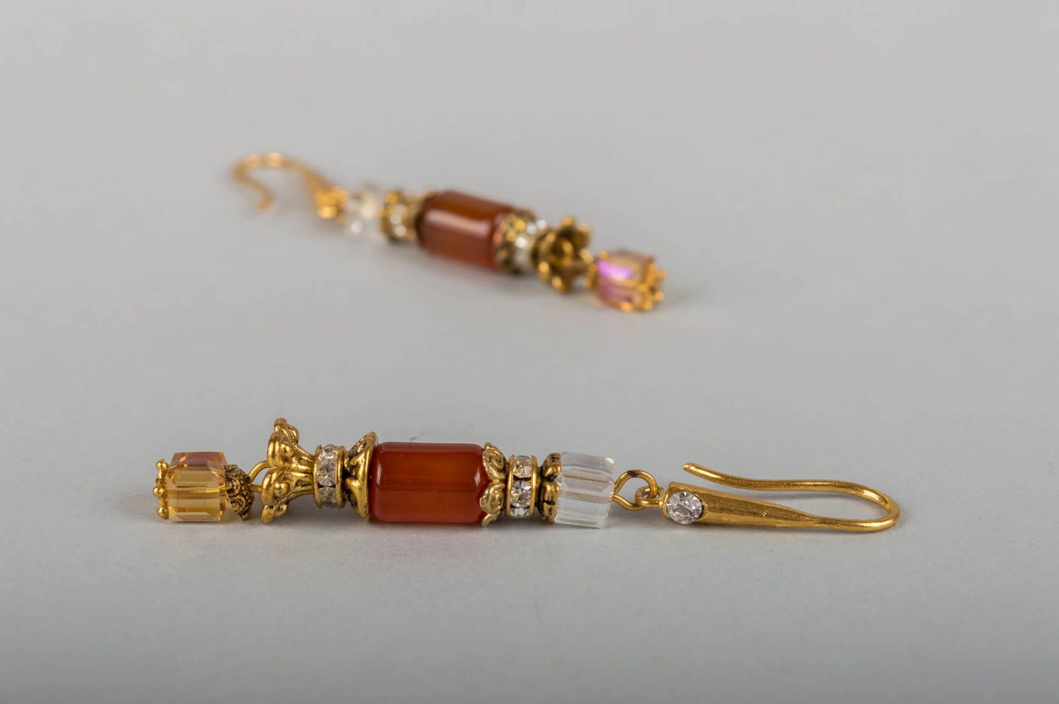 Beautiful stylish handmade designer long brass earrings with agate beads photo 2