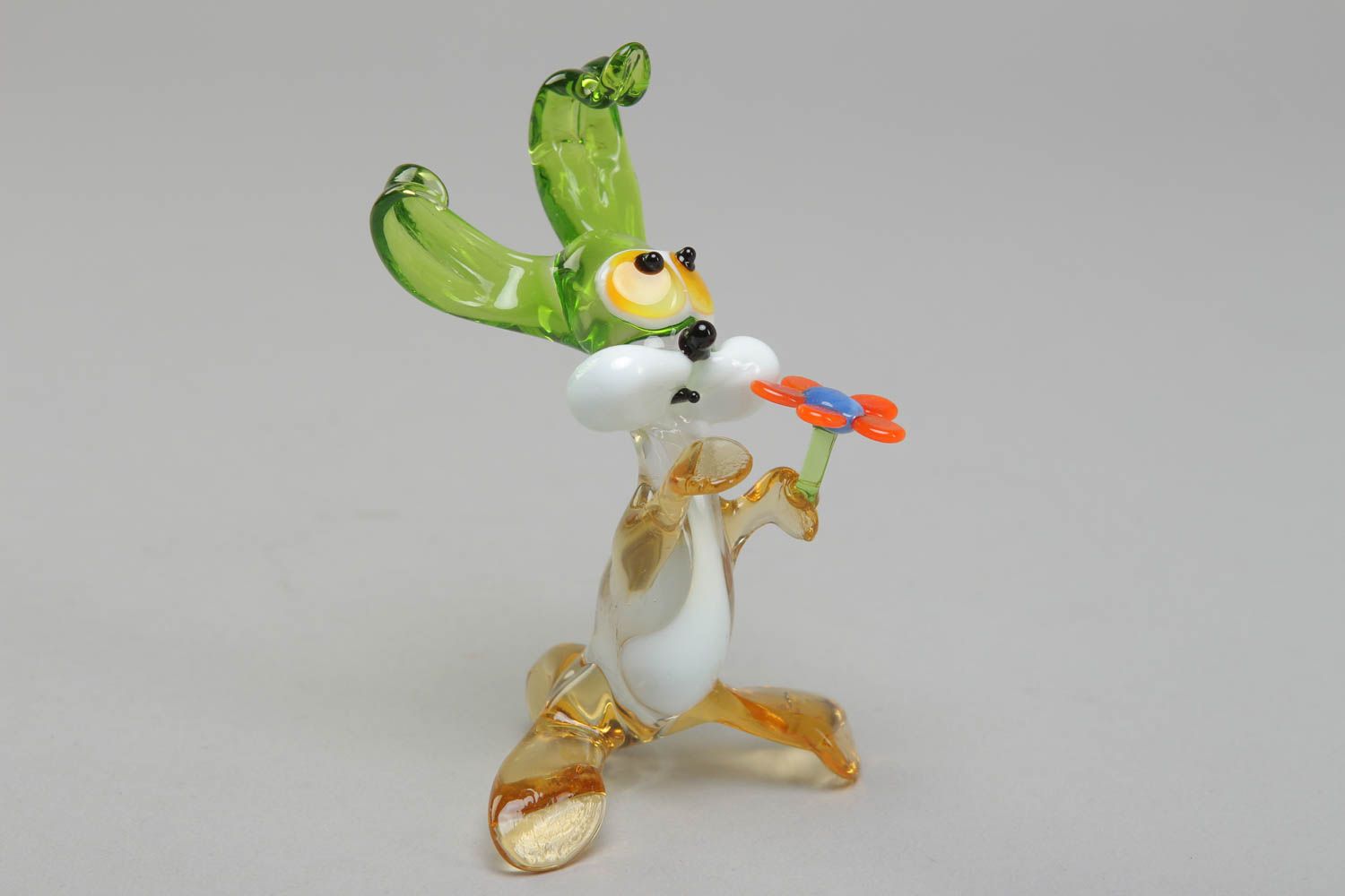 Figurine miniature en verre au chalumeau multicolore faite main Lièvre et fleur photo 1