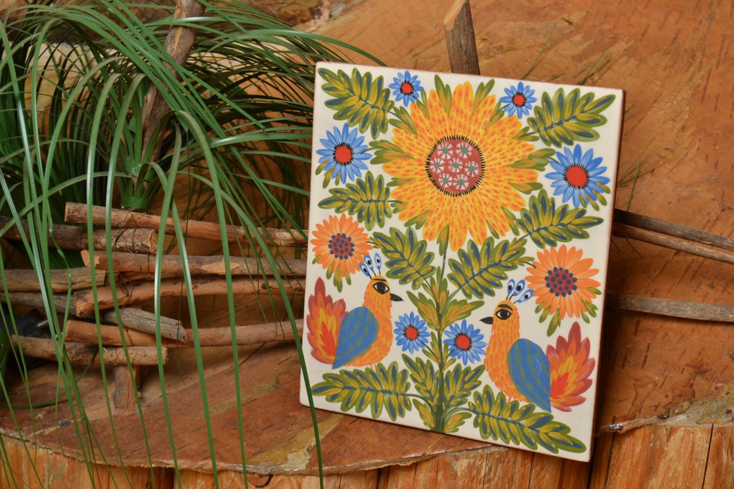 Красивая облицовочная плитка с росписью в этно стиле покрытая глазурью хенд мэйд фото 1