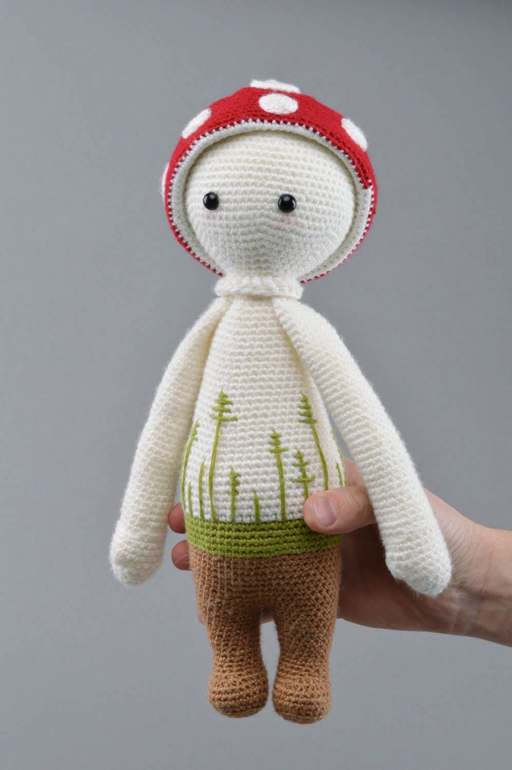 Handmade designer crocheted soft toy sad boy in red and white hat for kids photo 5