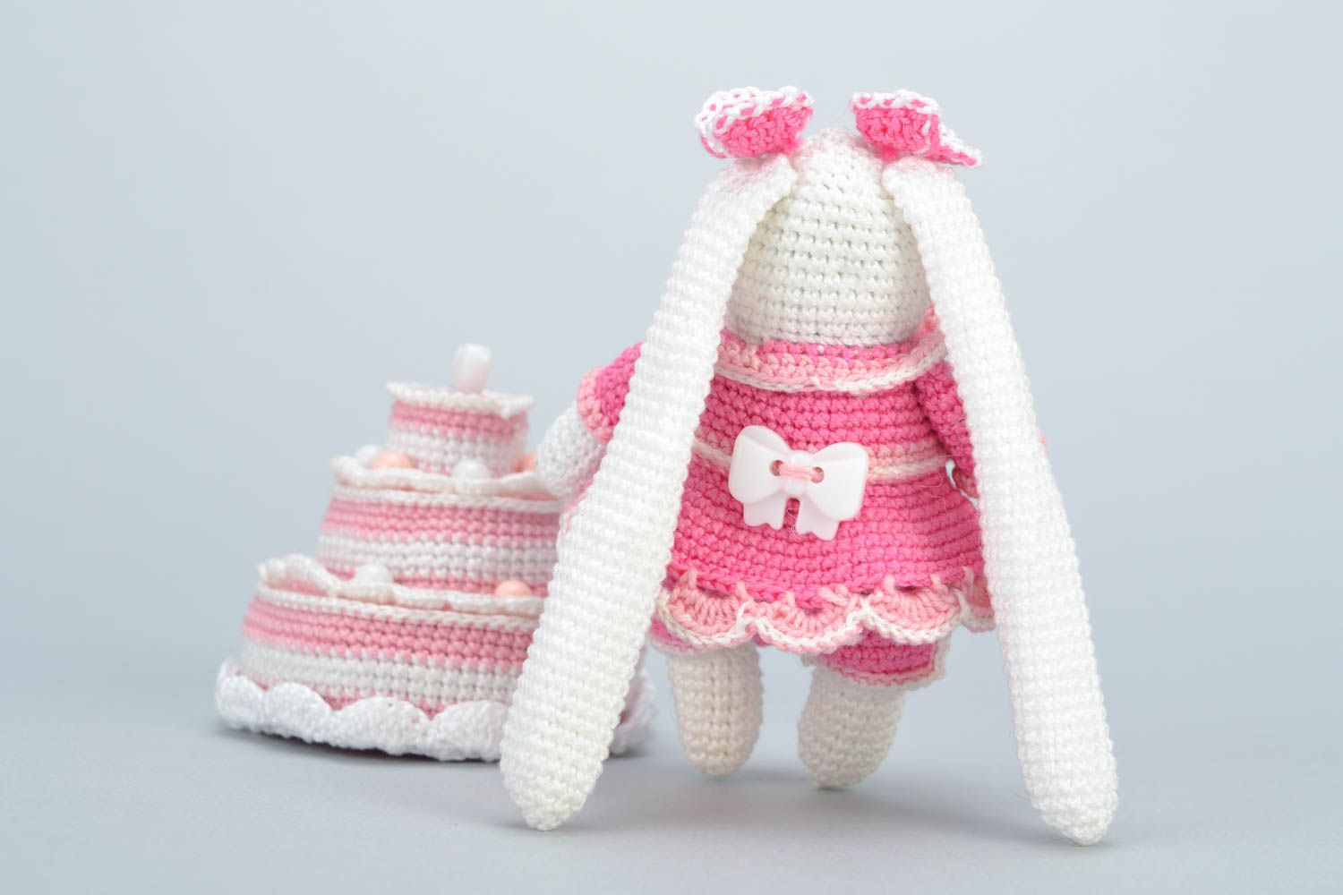 Handmade crochet soft toy hare girl in pink with cake children's gift photo 5