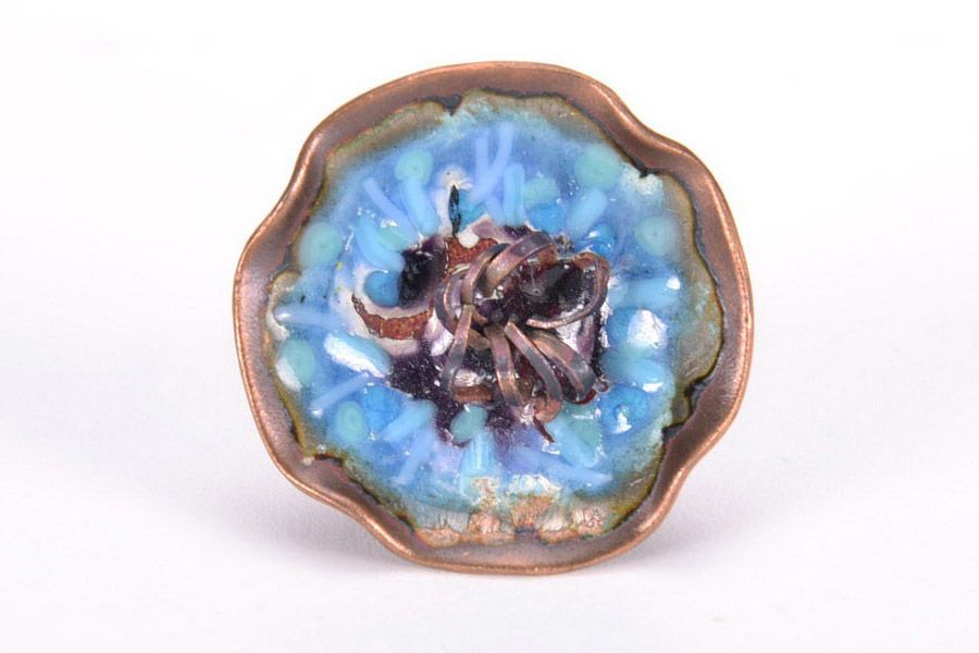 Handmade Fingerring aus Kupfer Blaue Blume foto 1