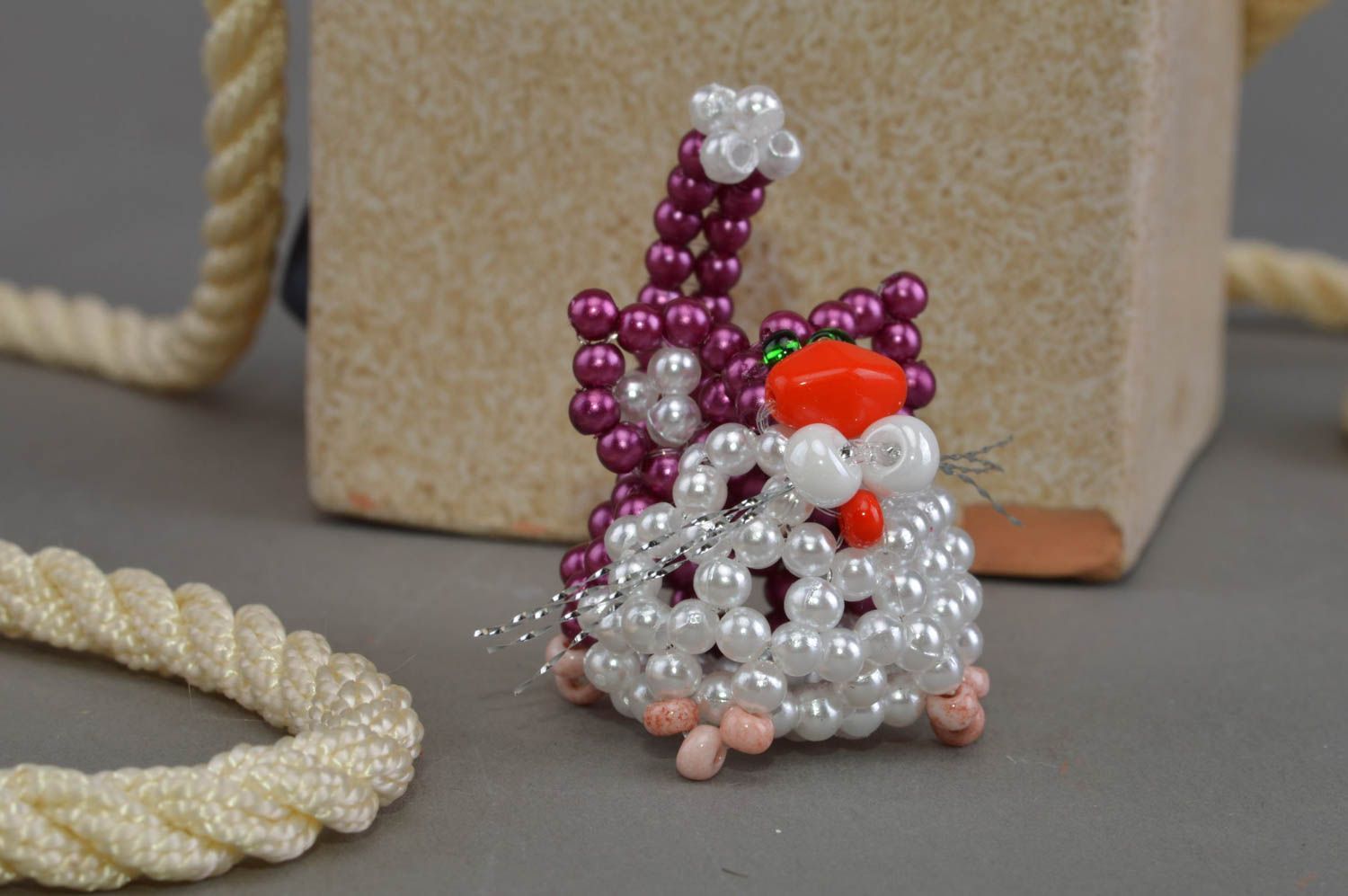 Handmade miniature beaded figurine of white and violet cat for home decor photo 1