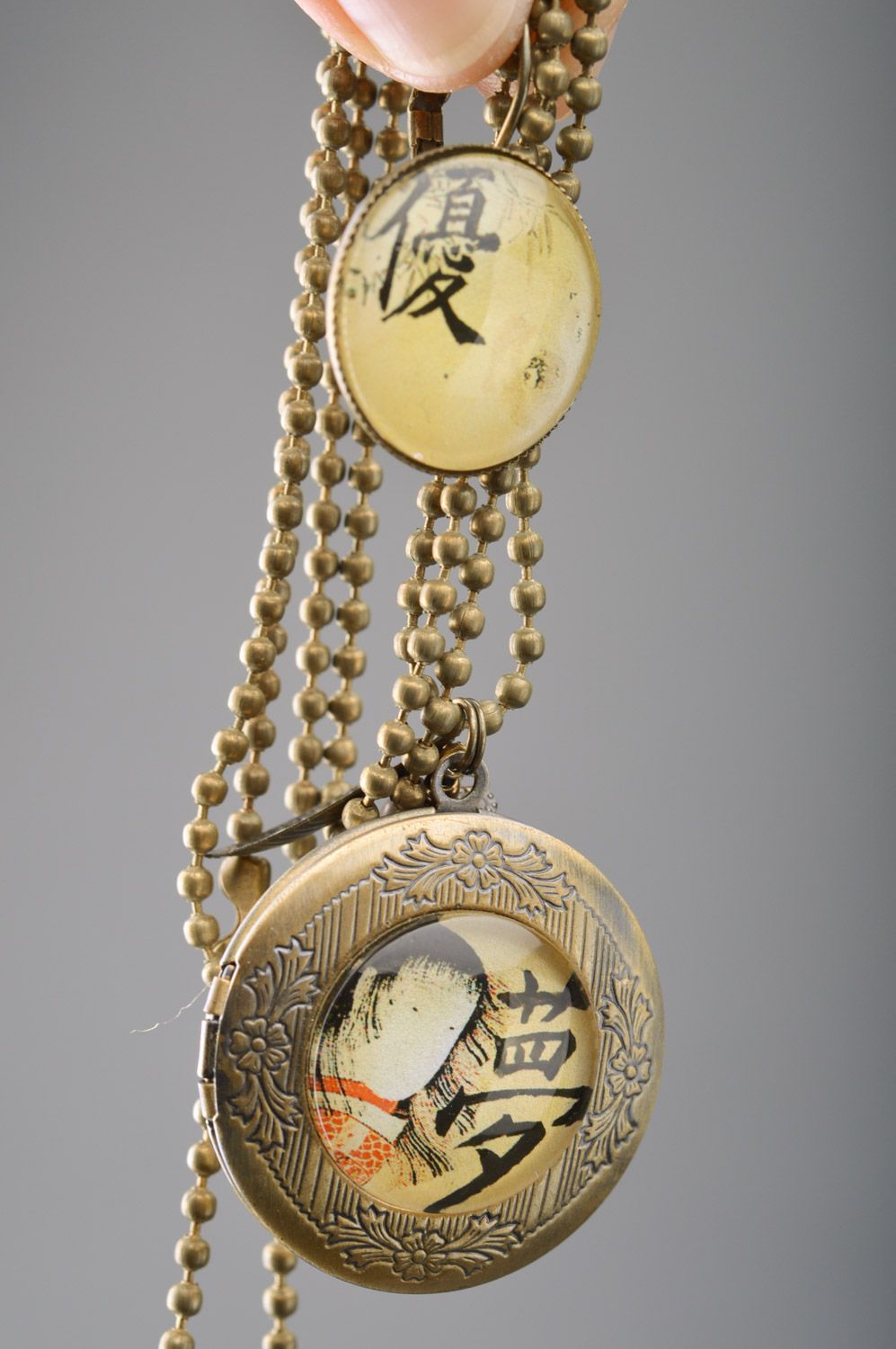 Set of handmade metal jewelry in Japanese style locket and dangle earrings photo 3