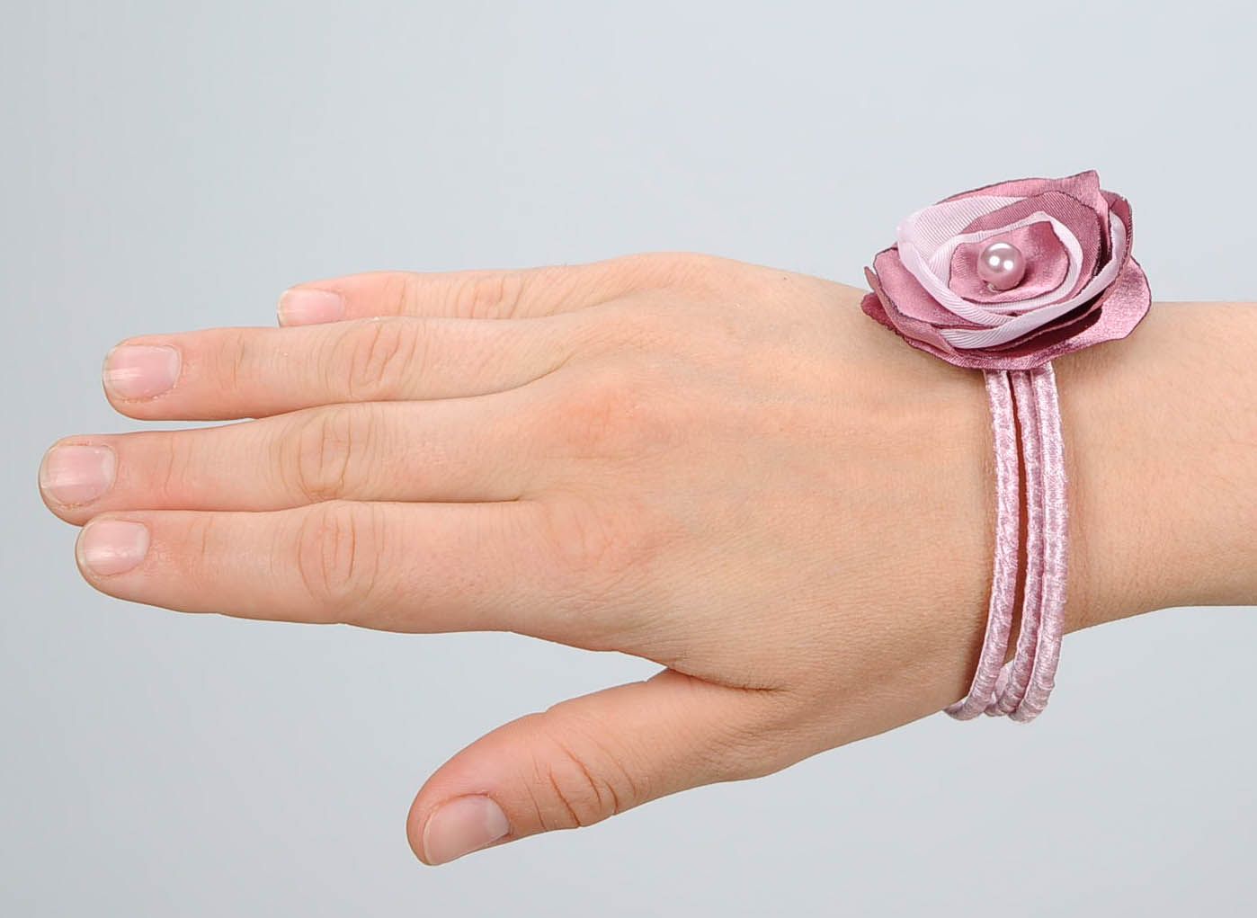 Bracelet with flower made of organza and satin Snowy plum photo 5