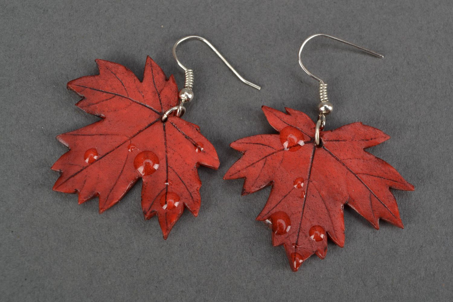 Large polymer clay earrings in the shape of maple leaves photo 3