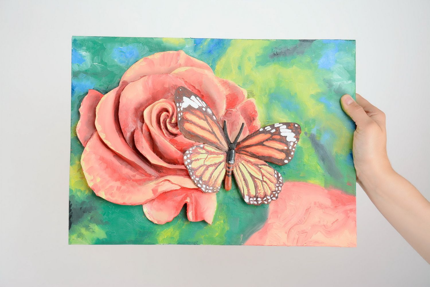 Quadro pintado à óleo Borboleta numa rosa foto 1