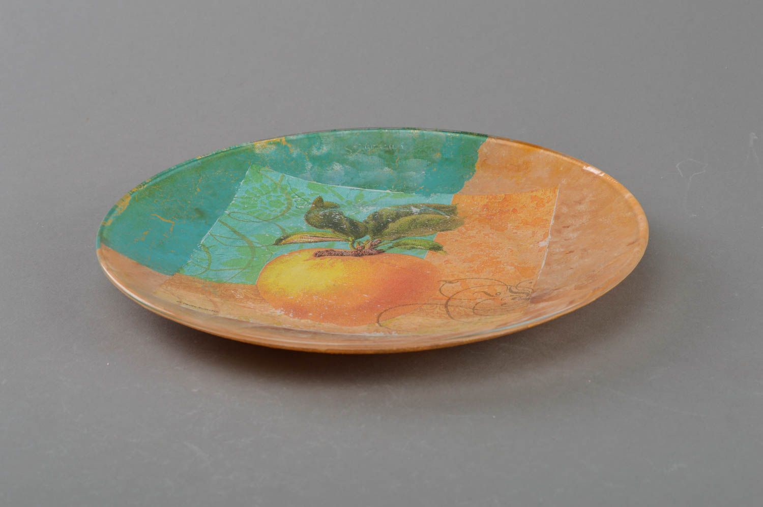 Handmade decorative designer round decoupage glass plate colorful still life photo 2