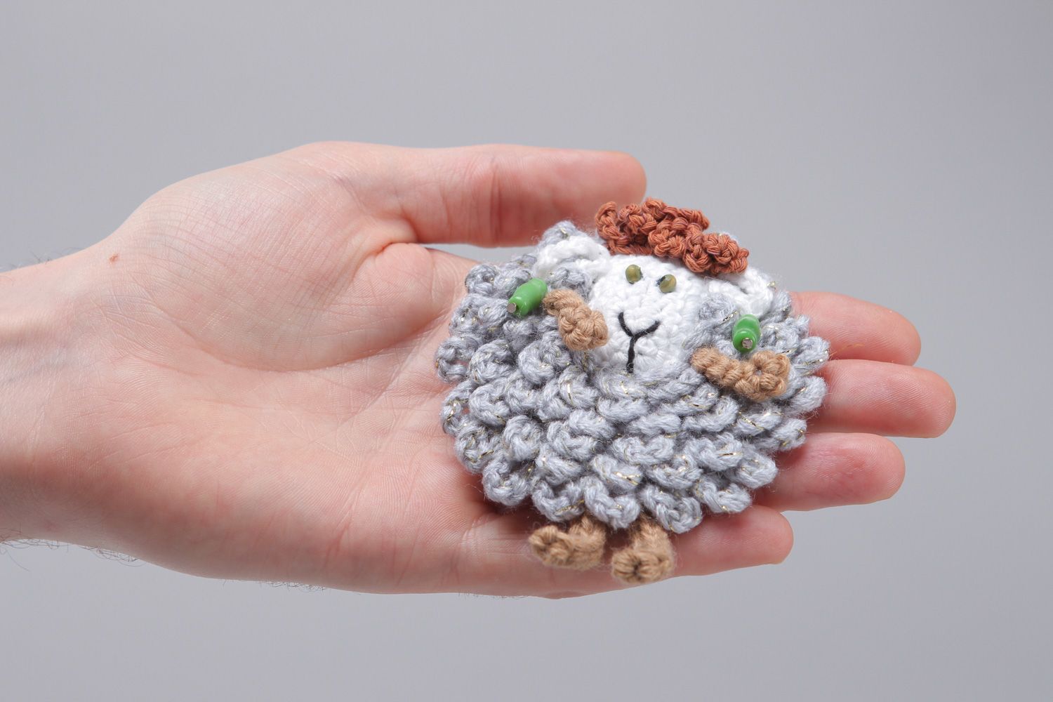 Handmade decorative fridge magnet crochet of wool and cotton Gray Lamb photo 4
