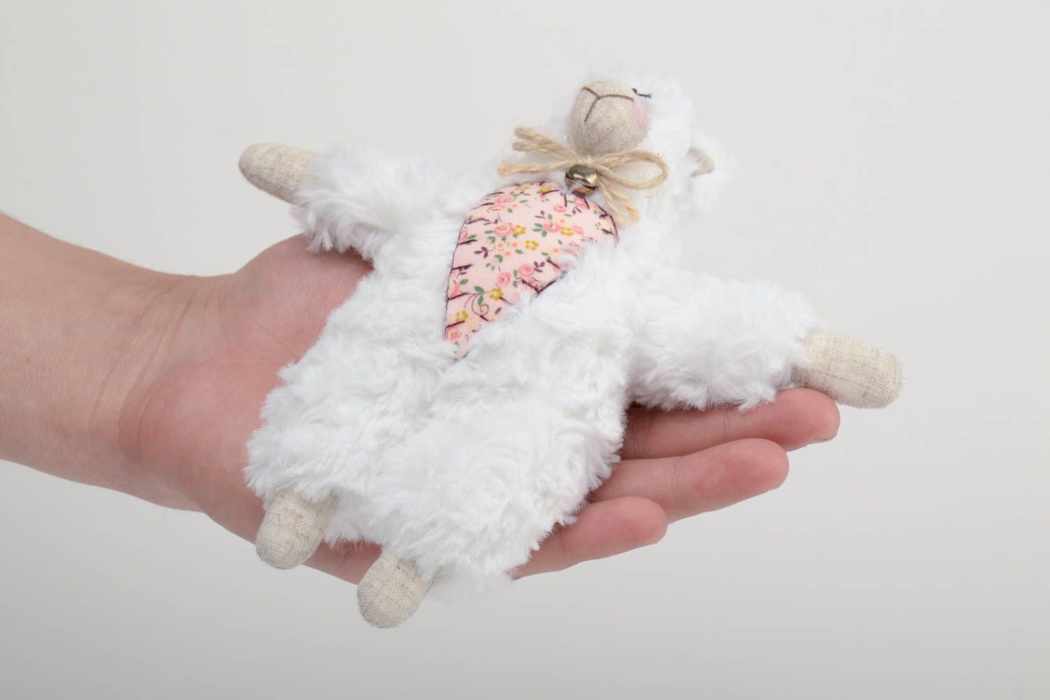Handmade designer fluffy soft toy lamb sewn of faux fur with heart and tiny bell photo 5
