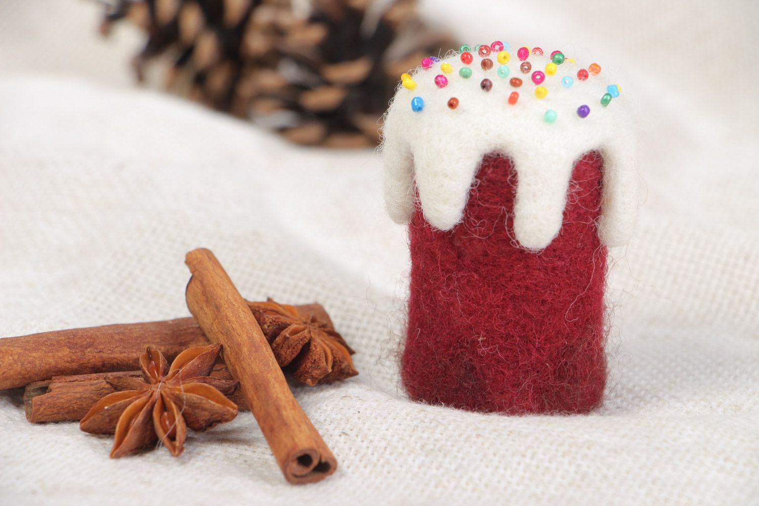 Handmade small decorative Easter cake felted of natural wool with colorful beads photo 1