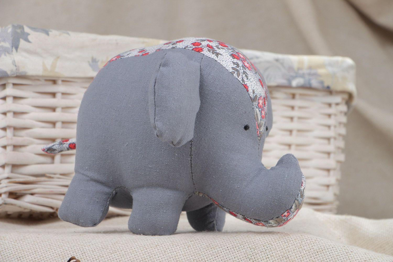 Handmade children's fabric soft toy elephant of gray color and average size photo 1