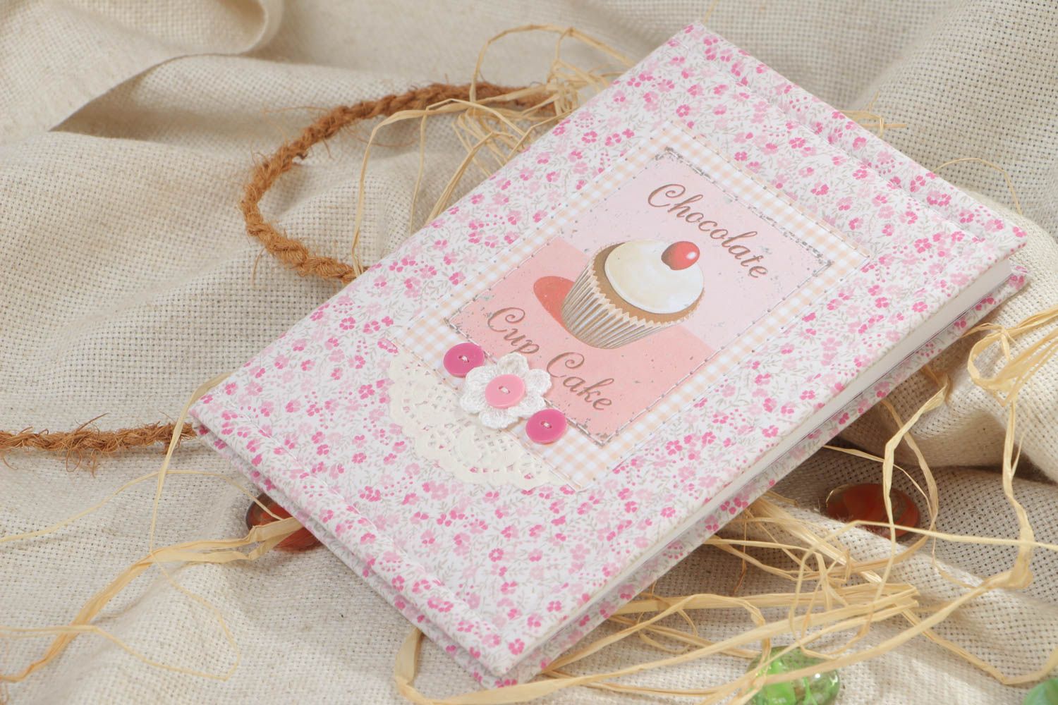 Handmade designer copybook with a pink cotton cover for a girl photo 1