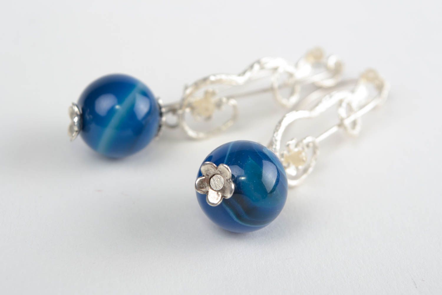 Handmade dangling earrings with silver colored fittings and blue agate beads photo 4