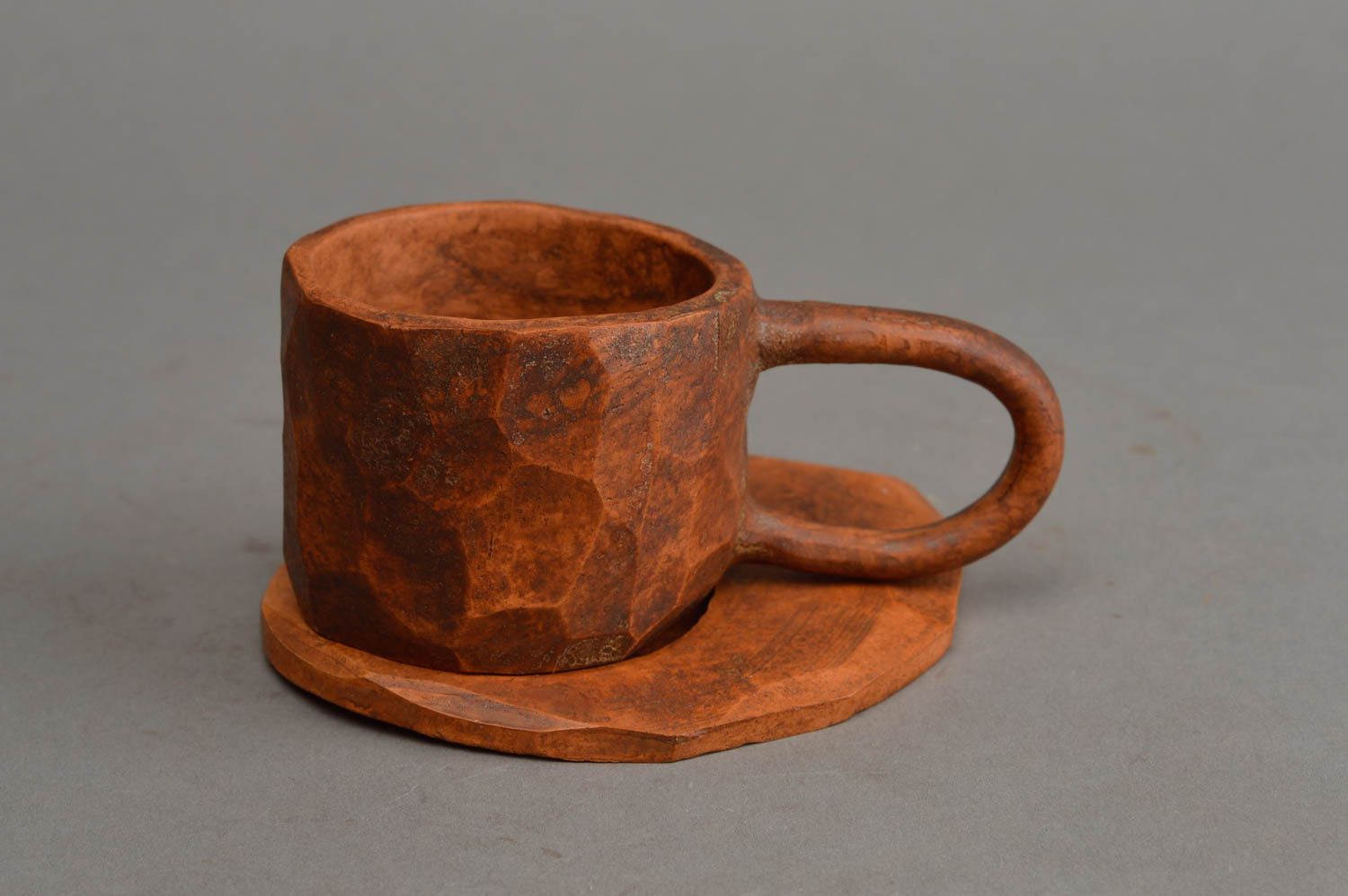 Natural clay cup with handle and saucer 0,29 lb photo 2