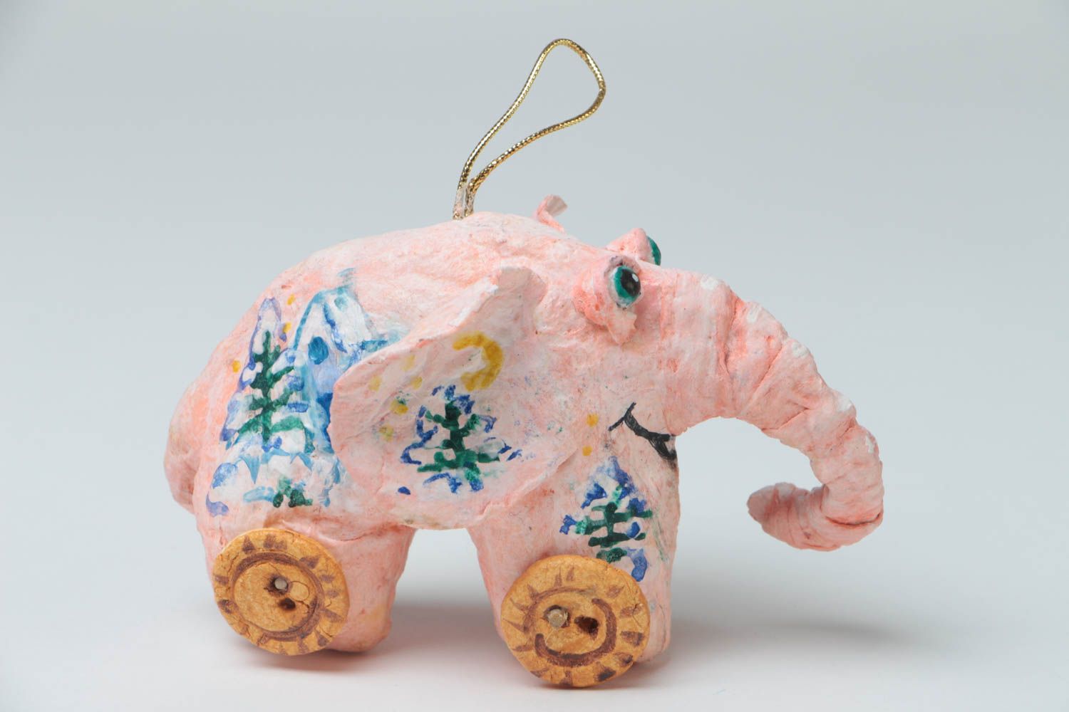 Colgante decorativo hecho a mano pintado figura de papel maché elefante rosado foto 2