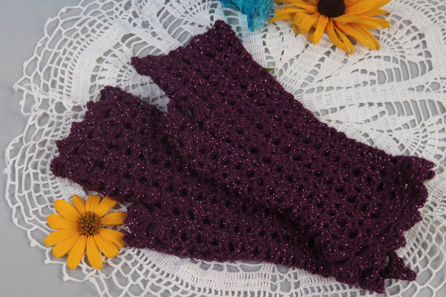 Handmade crocheted mitts violet winter accessories stylish female mittens photo 1