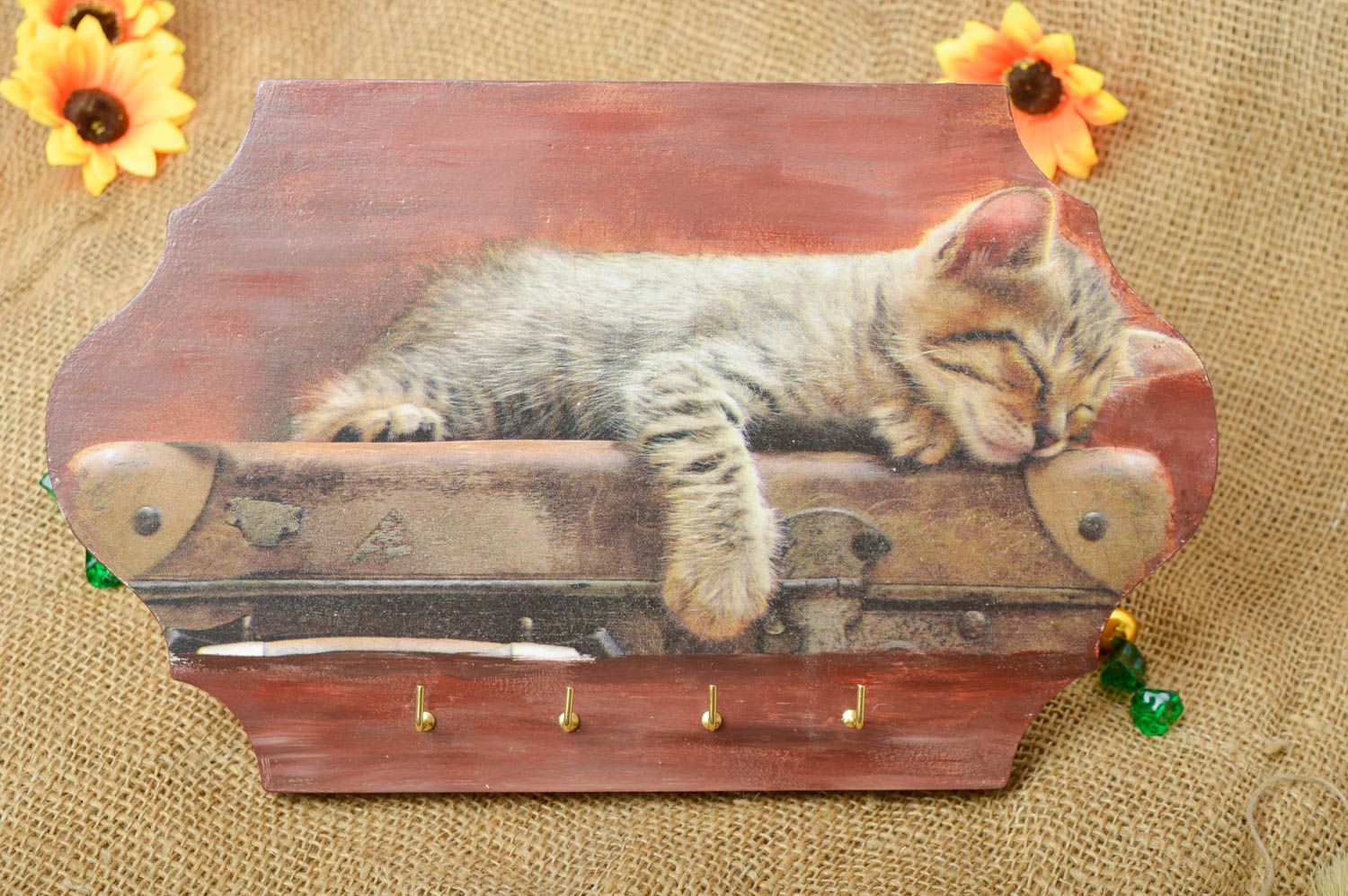 Handmade Schlüsselbrett aus Holz Wandhaken für Schlüssel Haus Deko Katze  foto 1
