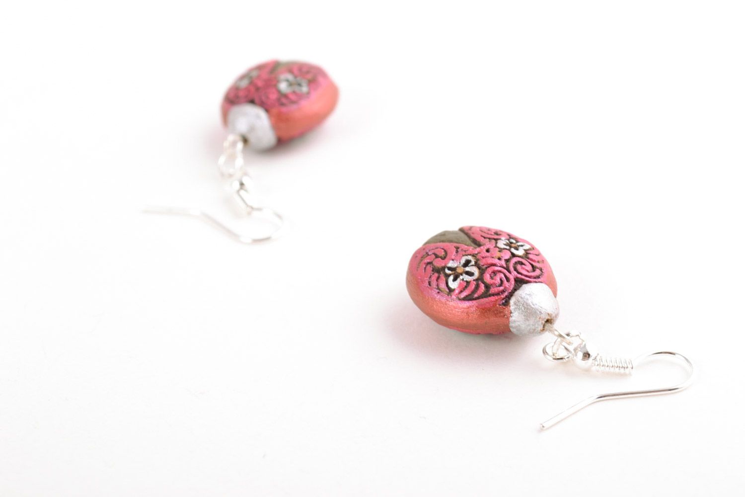 Tender small ceramic dangling earrings painted with acrylics handmade for women photo 4