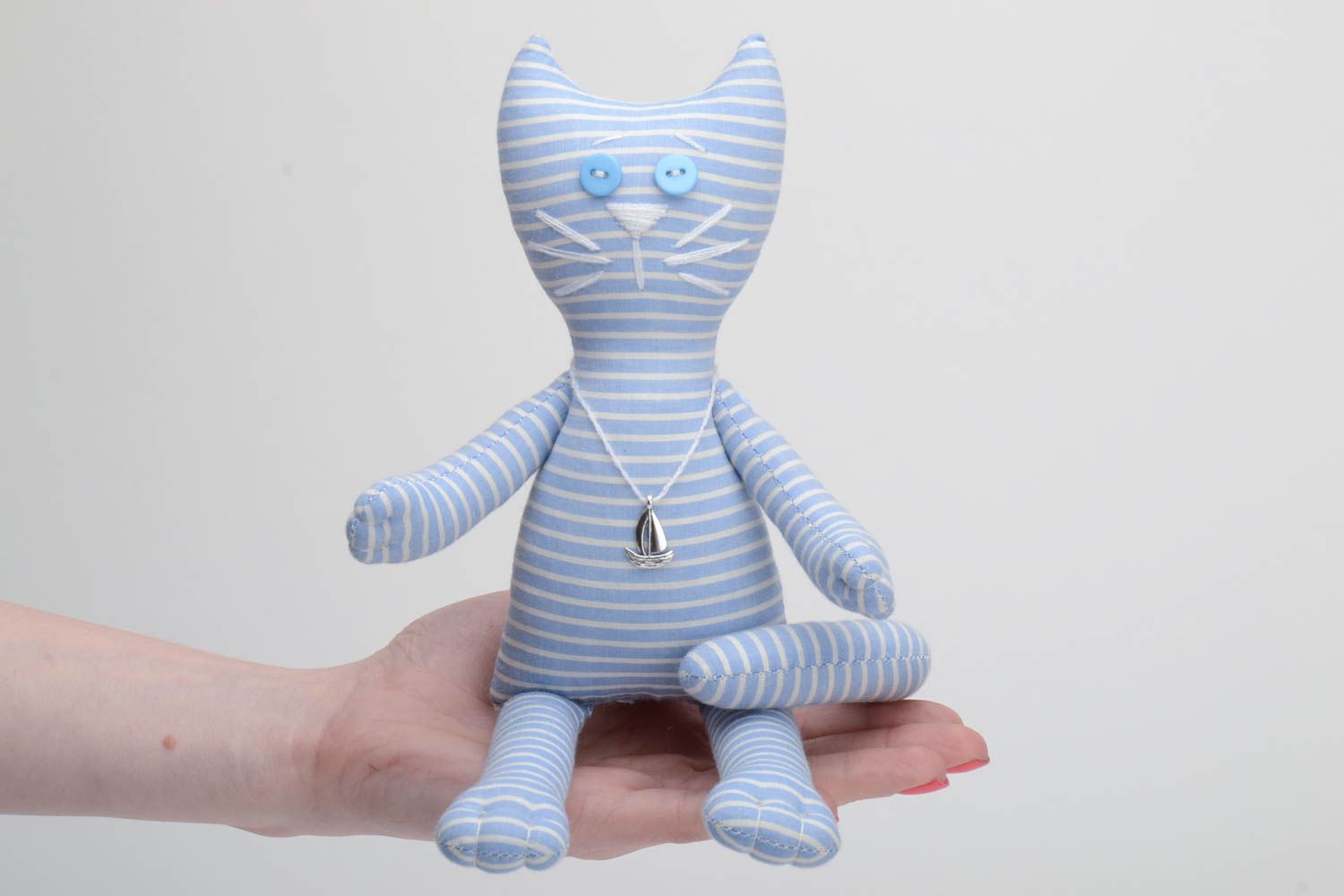 Handmade designer blue striped cotton fabric soft toy cat with long tail photo 5