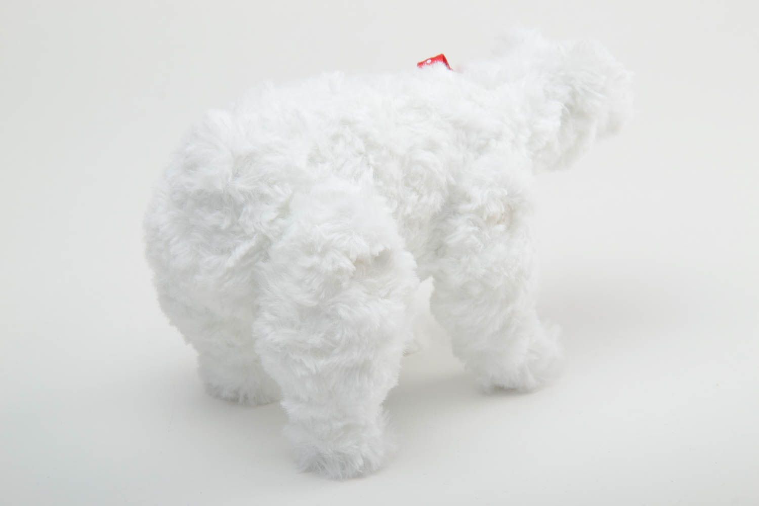 Handmade small white faux fur soft toy Polar bear with red bow for children photo 3