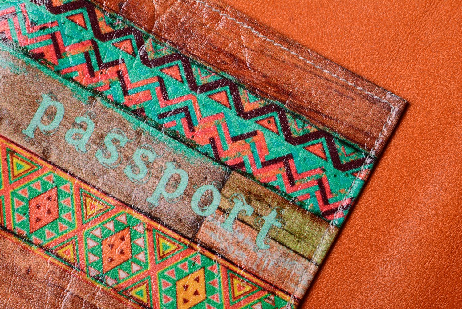 Handmade leather passport cover with print in ethnic style photo 3