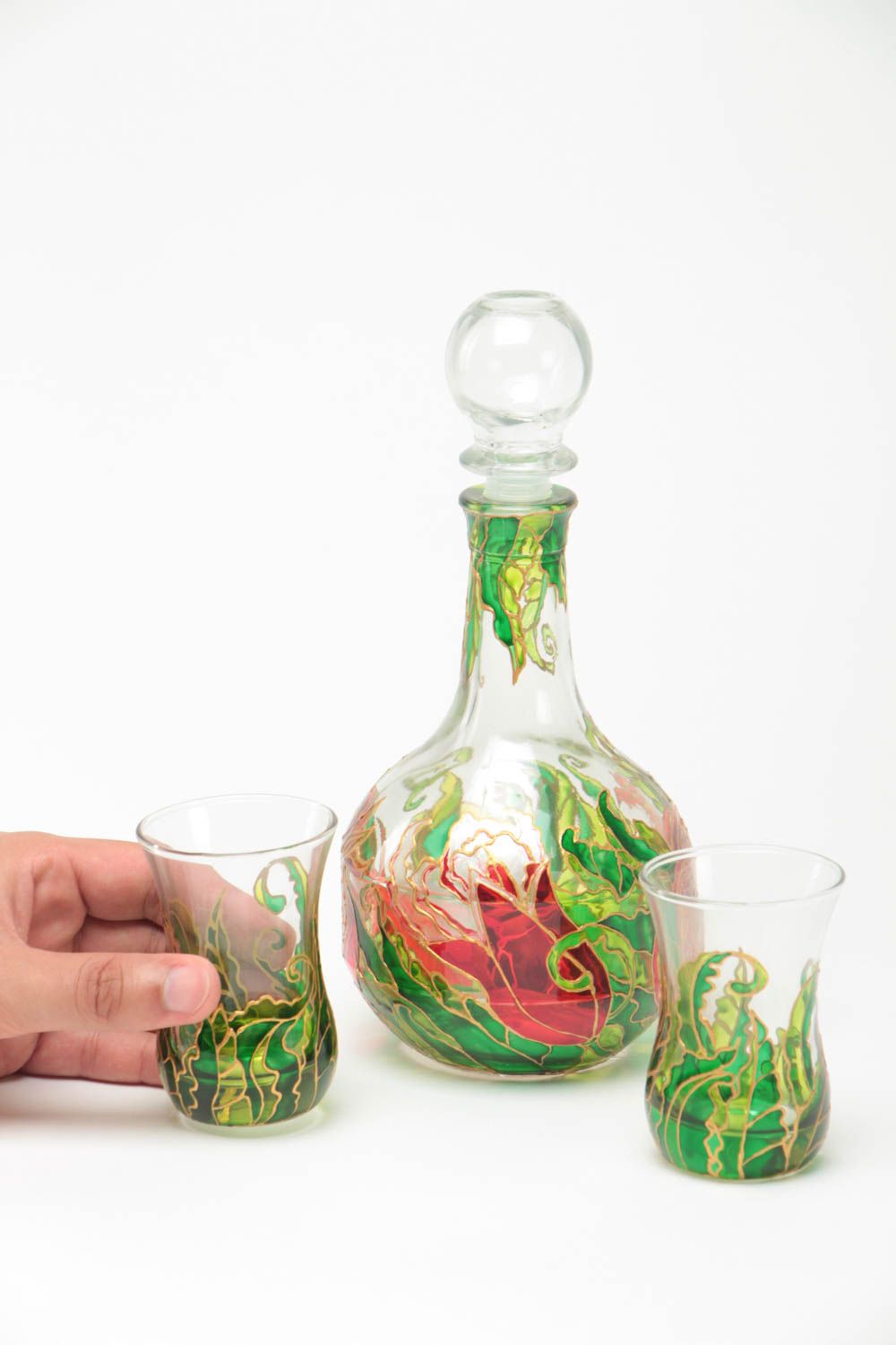 Ensemble carafe et petits verres en verre peints faits main originaux Grenade photo 5