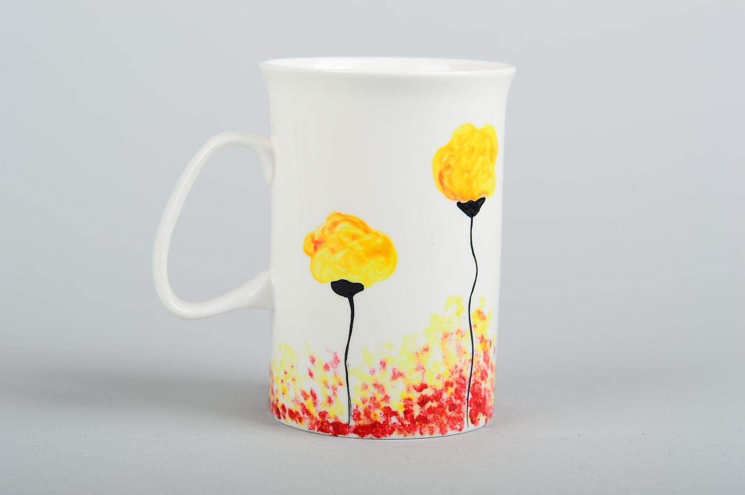 Tall white ceramic teacup with yellow flowers hand painting great gift for a girl 0,54 lb photo 3
