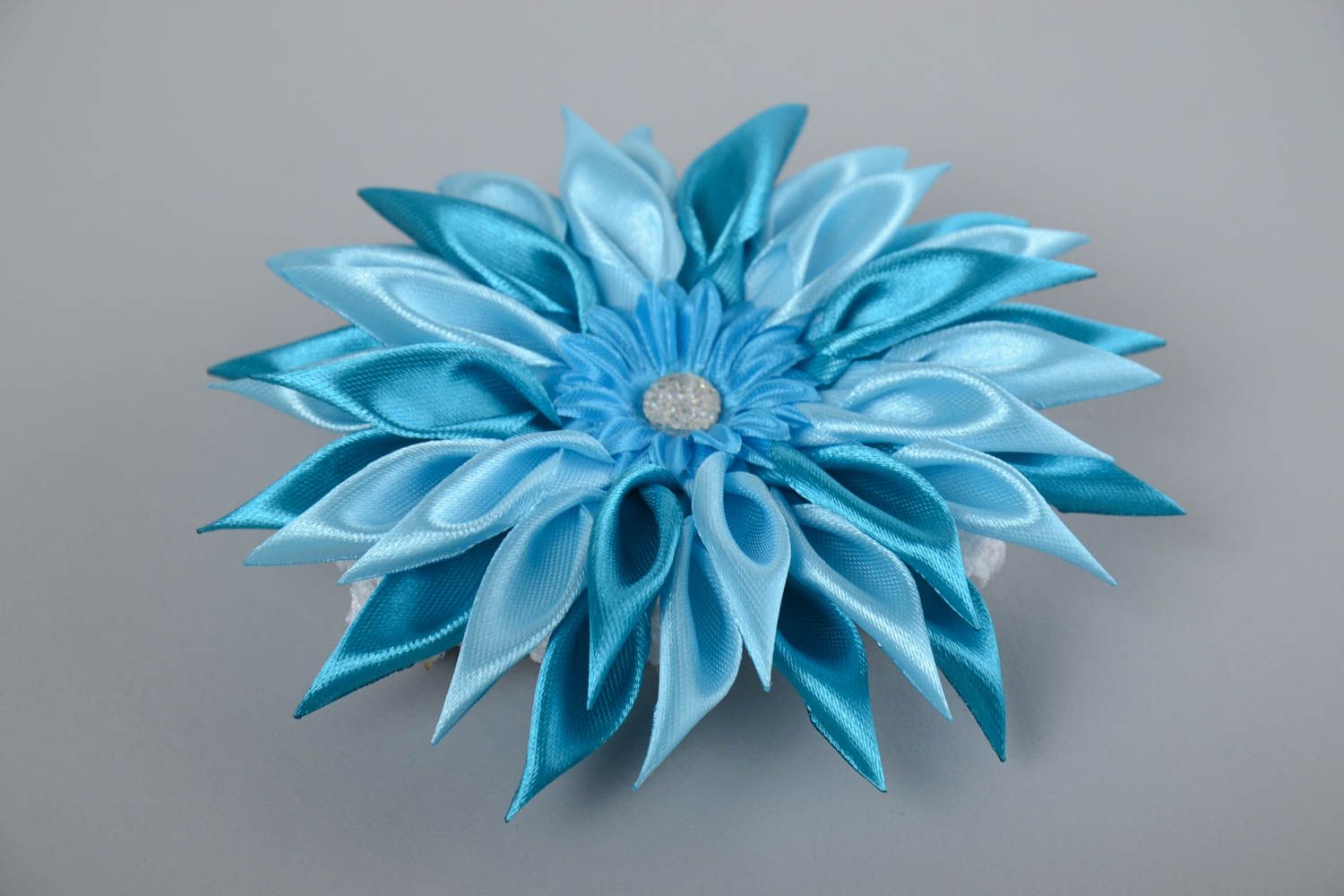 Children's white handmade elastic headband with blue satin flower photo 5