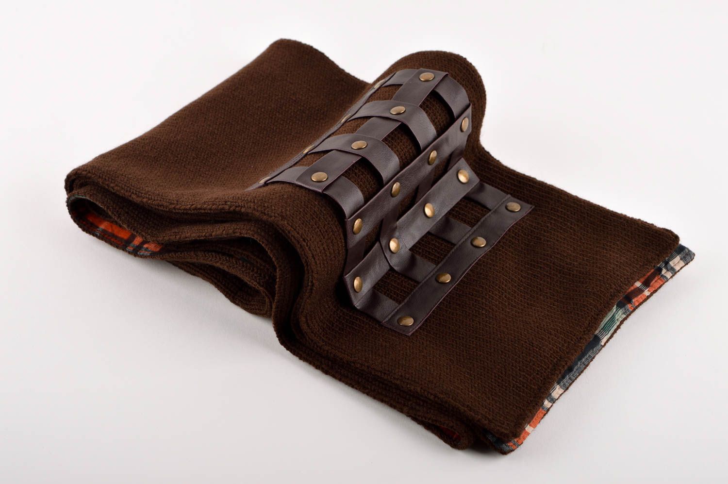 Шарф ручной работы коричневый шарф на шею двухсторонний мужской шарф с кожей фото 1