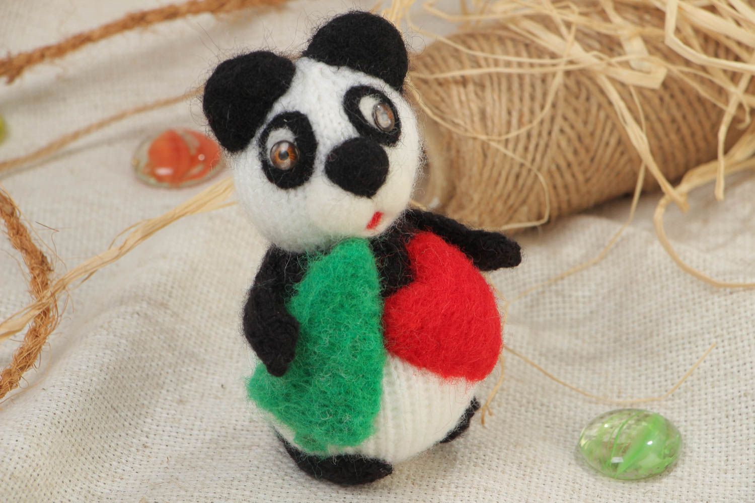 Handmade soft toy crocheted of acrylic  threads in the shape of funny panda bear photo 1