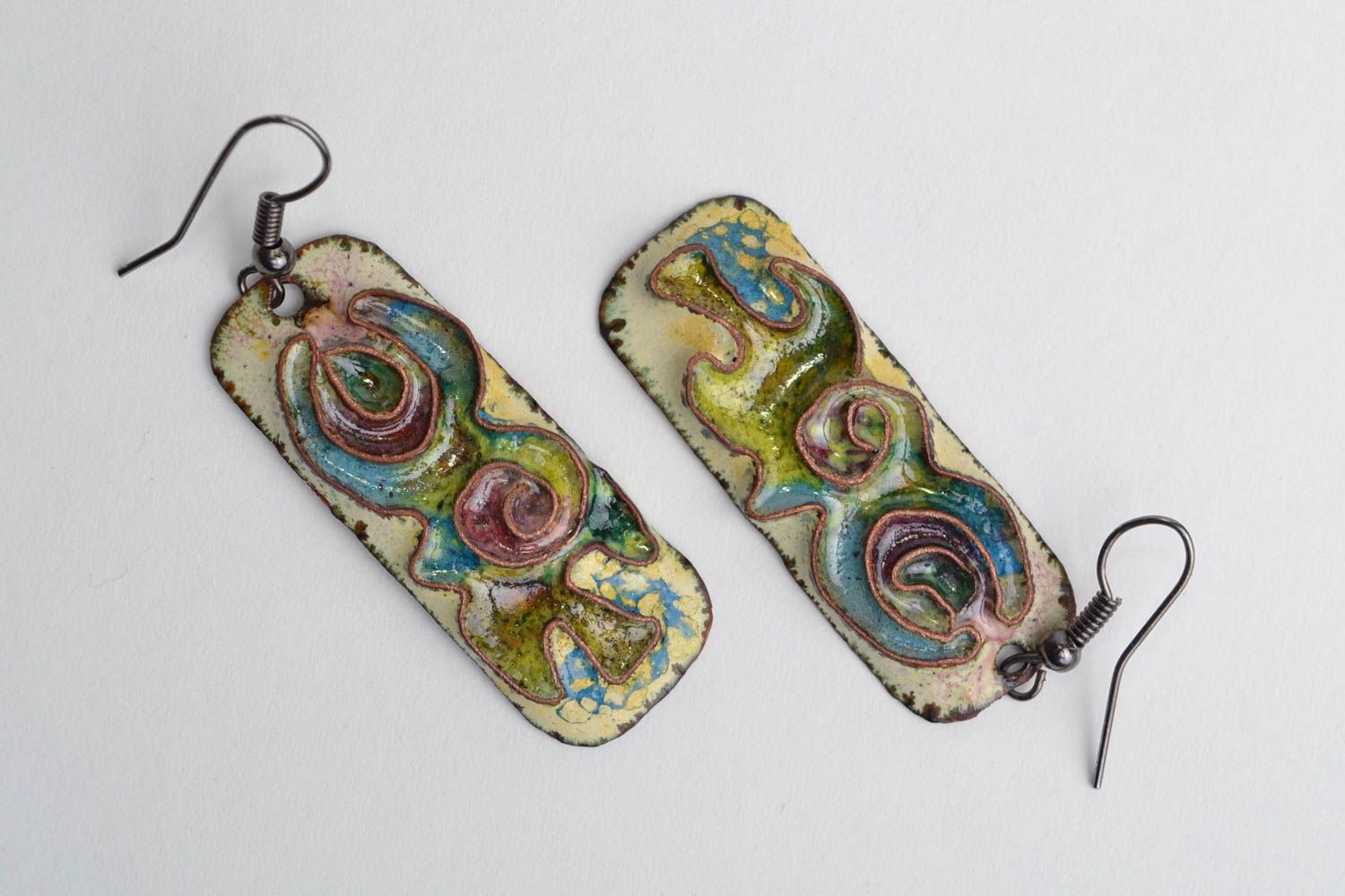 Designer copper long rectangular earrings with handmade filigree enamel painting photo 1