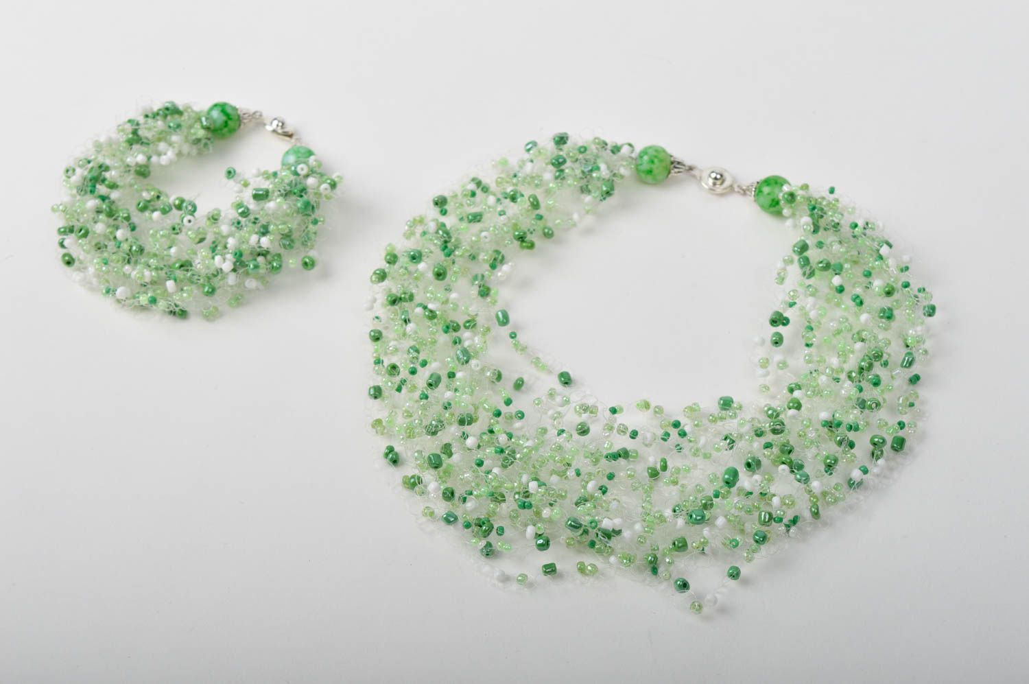 Handmade beaded airy chain bracelet and green necklace for mom photo 5