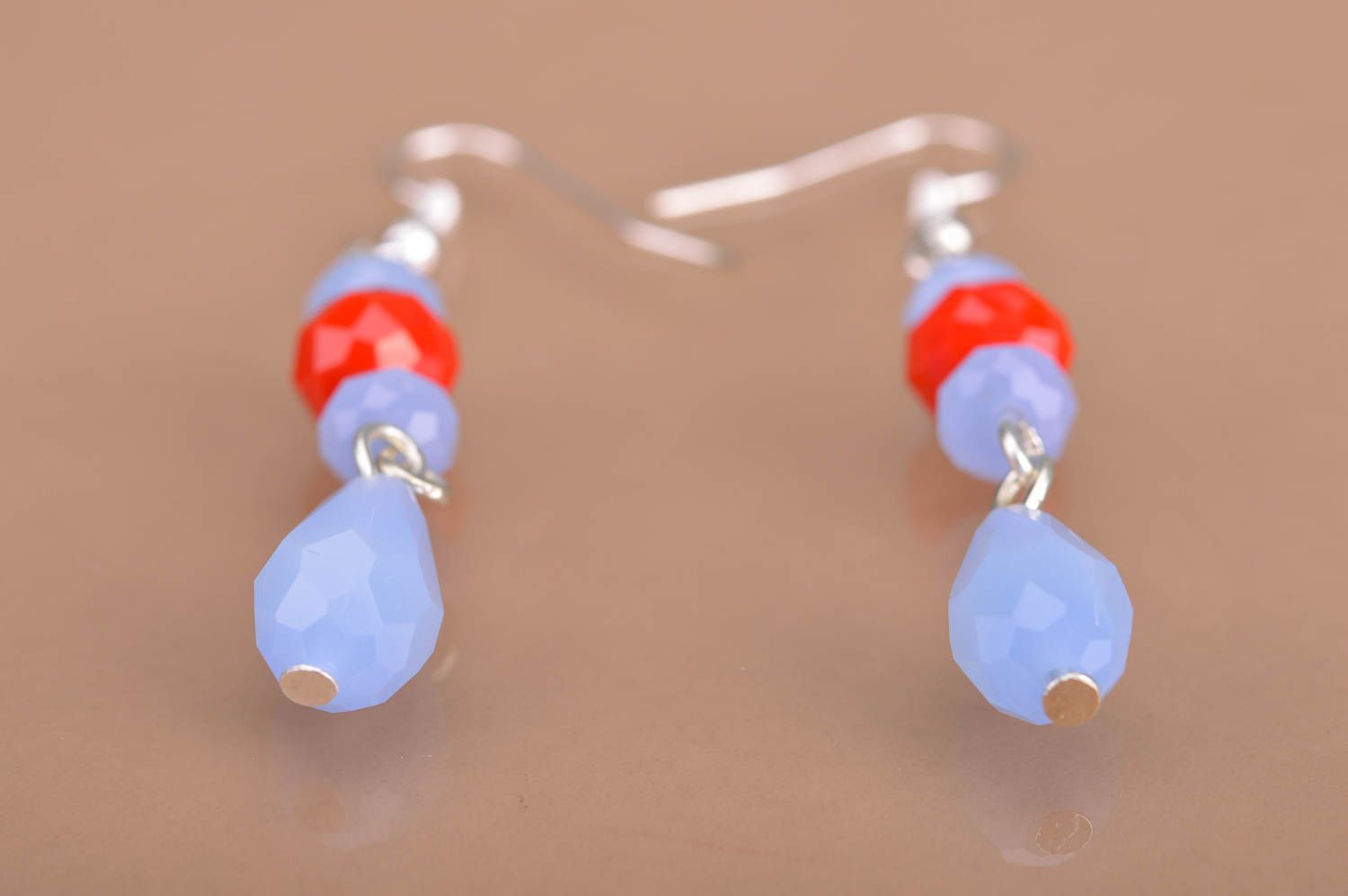 Handmade long dangle earrings with red and blue beads and crystals for women photo 2