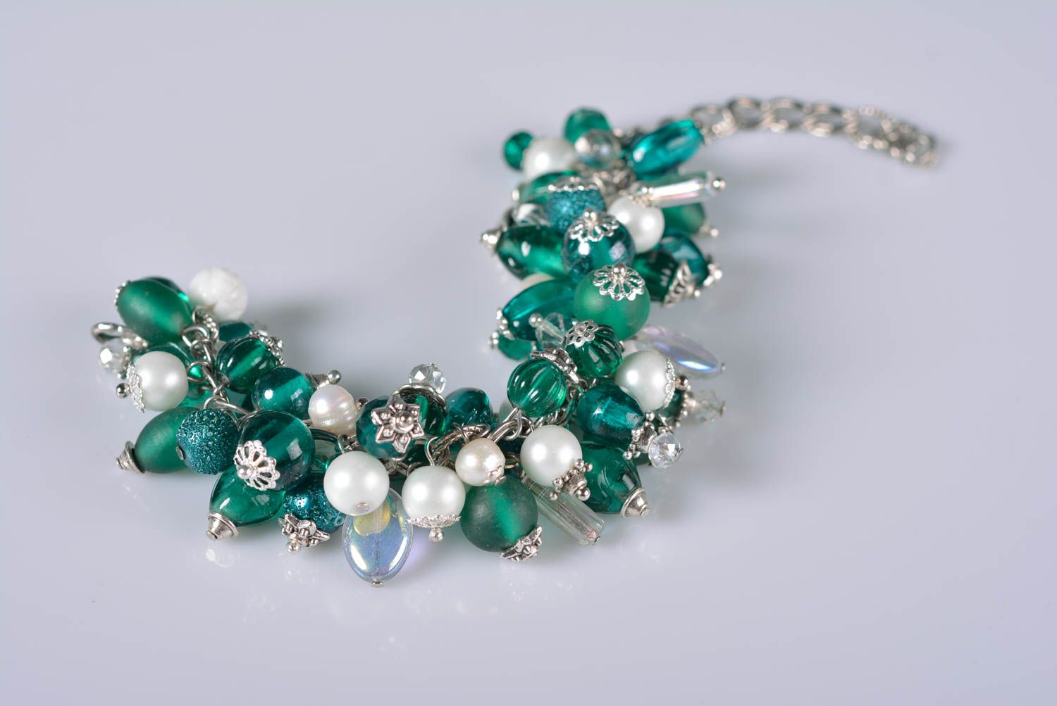 Dark green and silver beads charm chain bracelet women photo 3