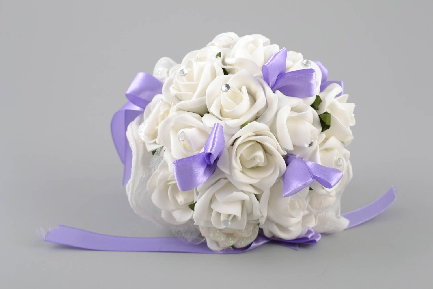 Handmade beautiful wedding bouquet made of foamiran in shape of white roses photo 3