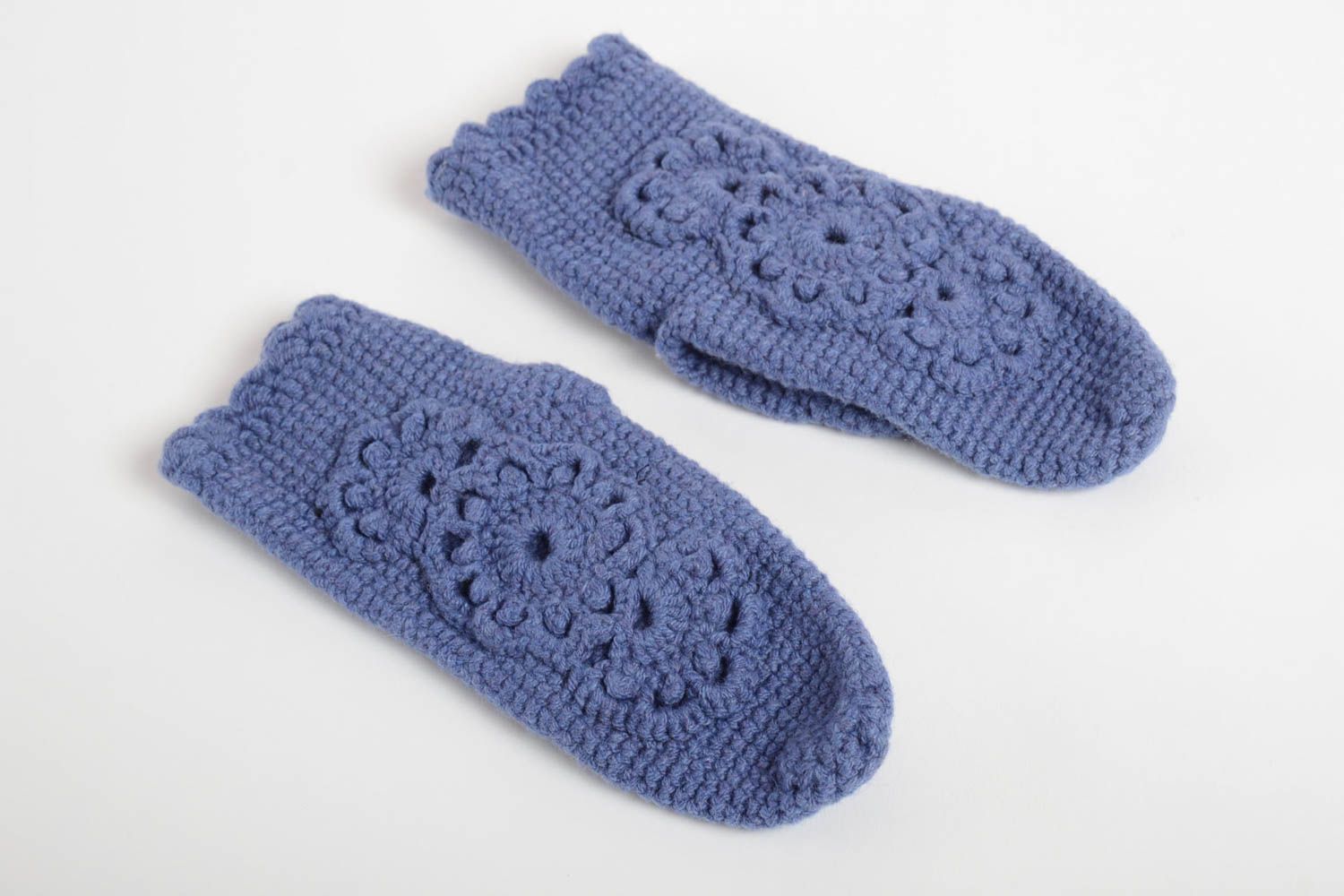 Handmade knitted mittens stylish designer accessories blue cute handicrafts photo 4
