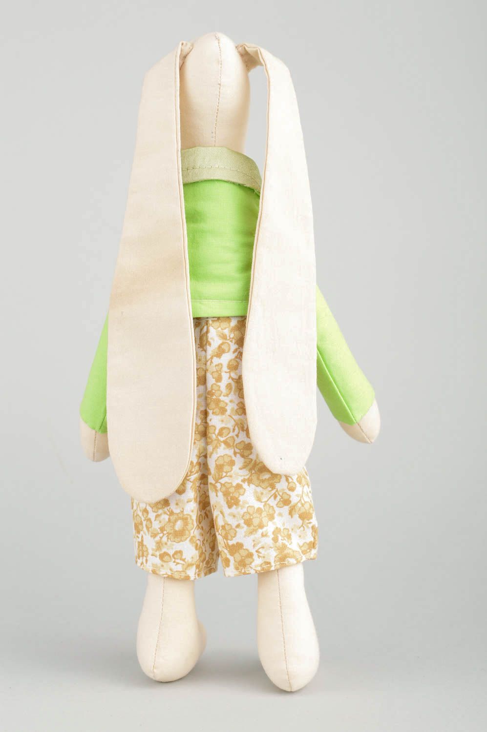 Handmade designer cotton fabric soft toy rabbit in light green jacket photo 5