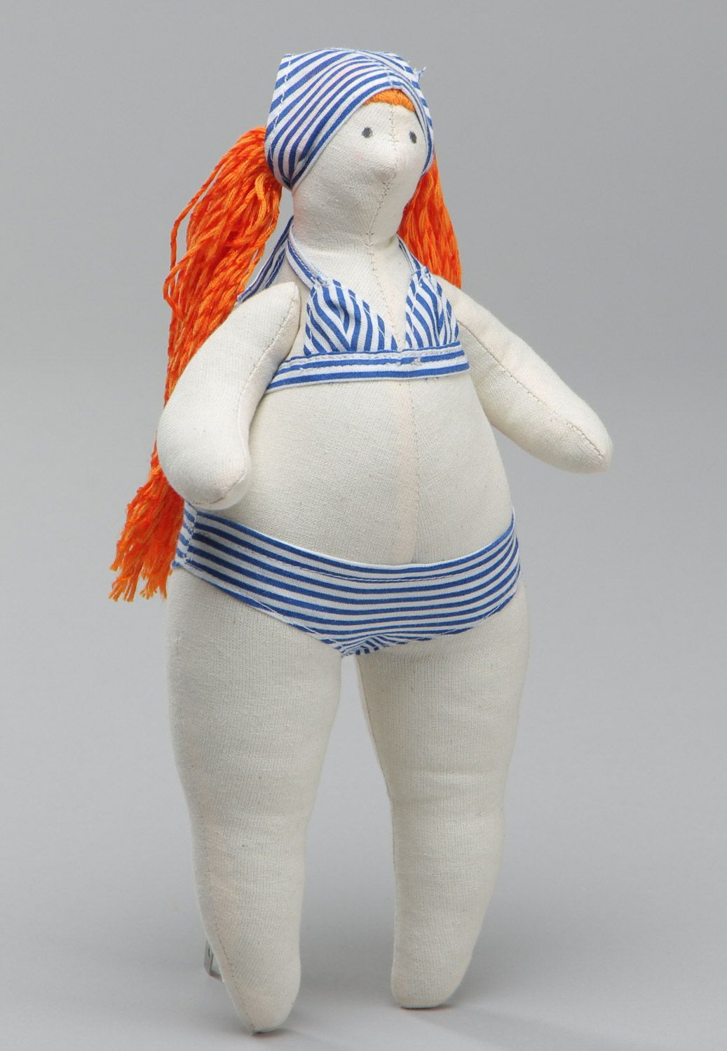 Handmade designer soft doll sewn of cotton with red hair in blue swimming suit photo 2