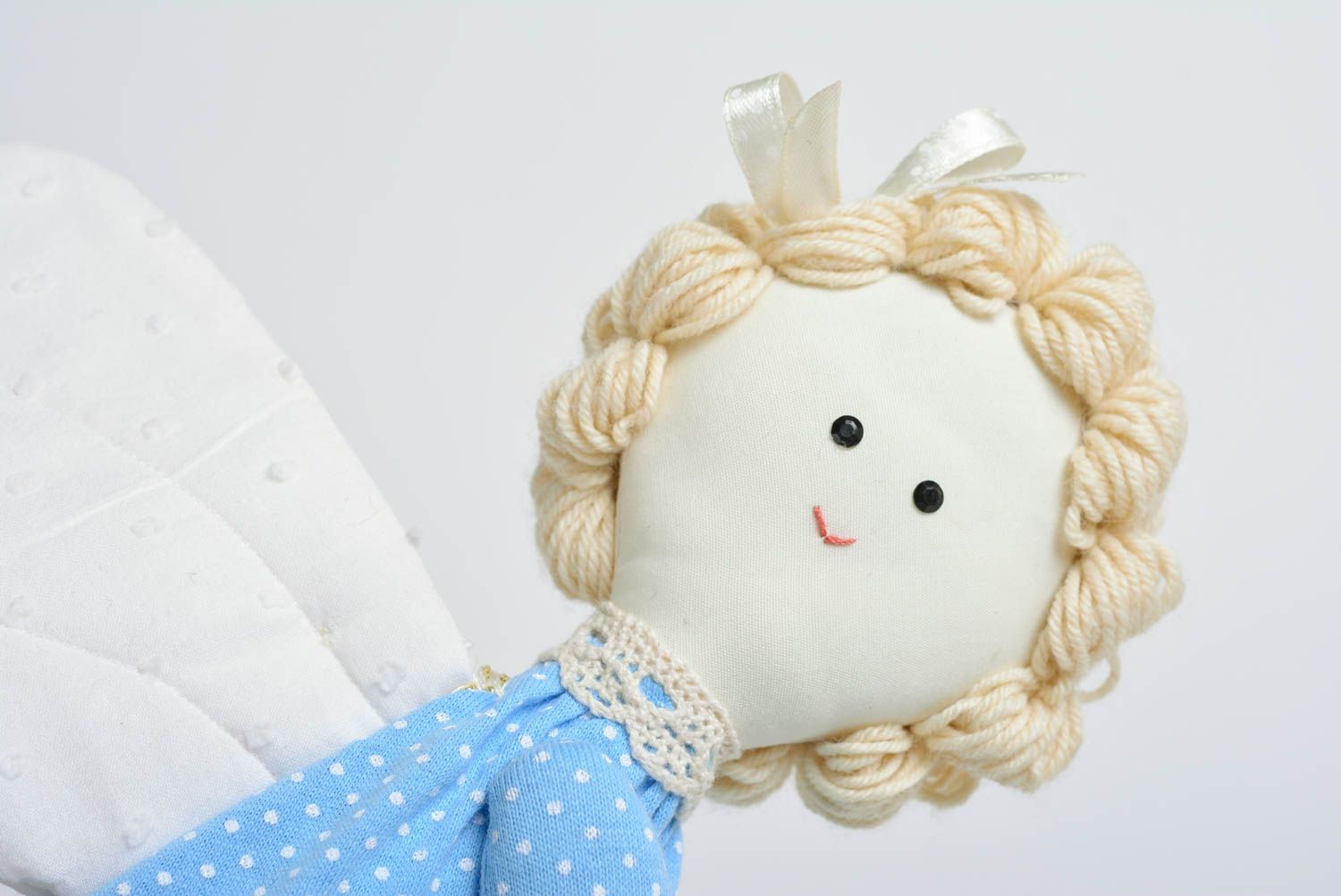 Handmade interior wall hanging soft toy sewn of cotton fairy in blue costume photo 2